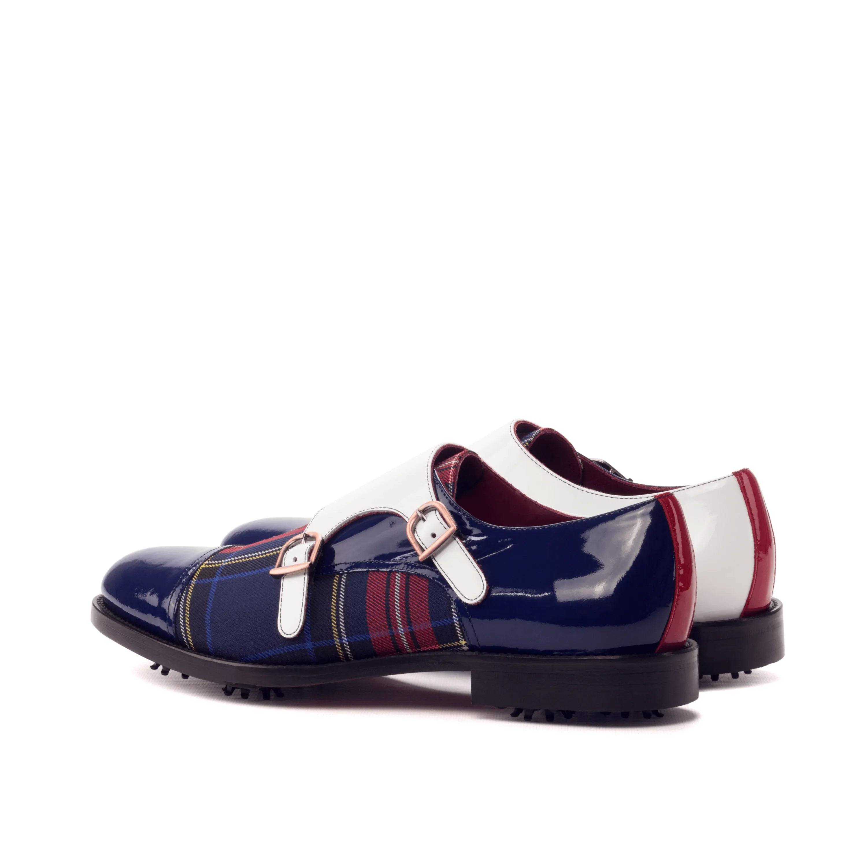 Patent leather plaid monk strap Nationals golf shoes showcasing luxury and performance