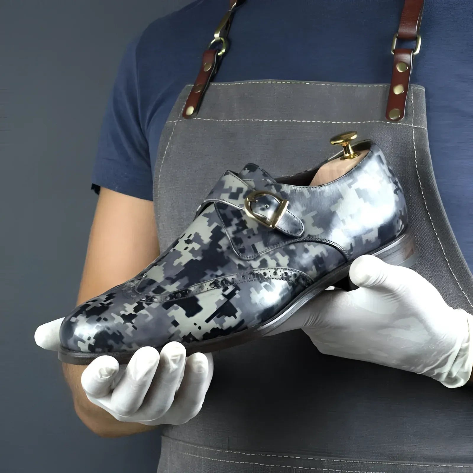 Camouflage leather monk strap shoe from Nordik Tokyo Patina Double Monk collection