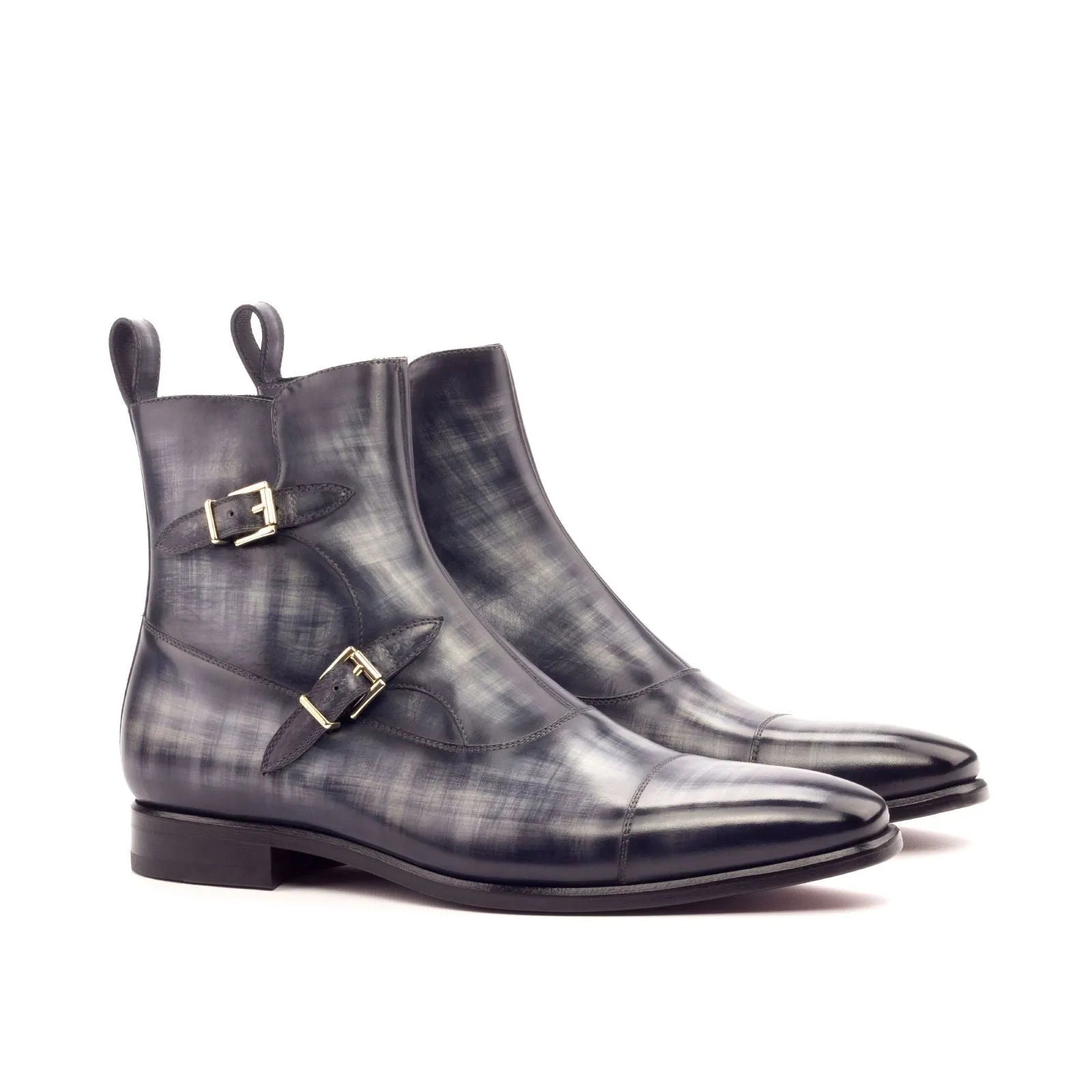 Gray leather double monk strap boots by North Octavian Patina, stylish and sophisticated