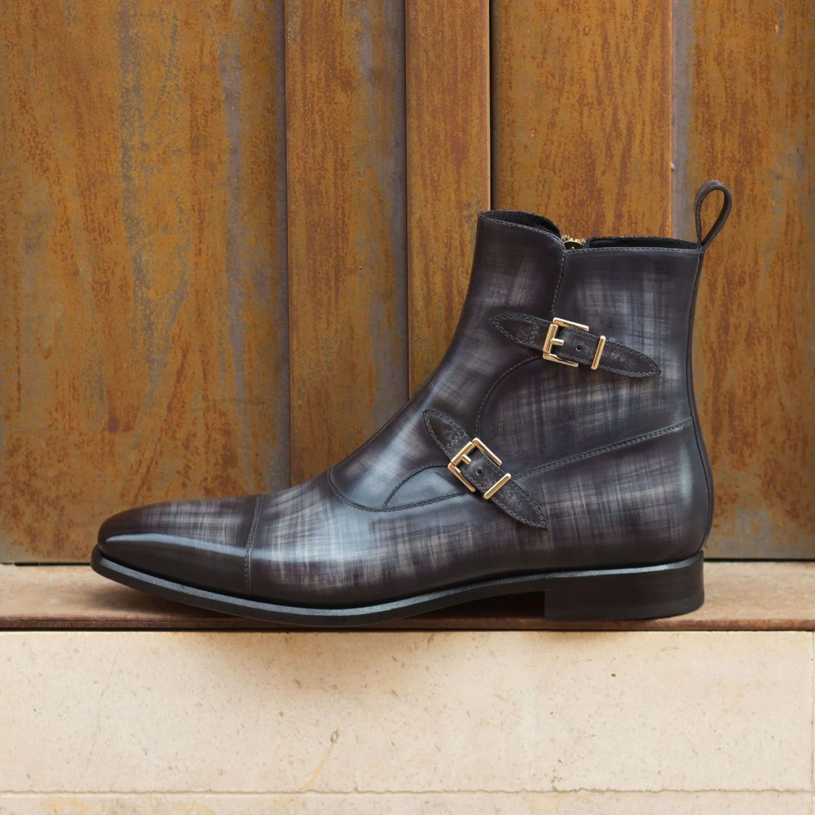 Gray leather monk strap boot from North Octavian Patina for sophisticated style