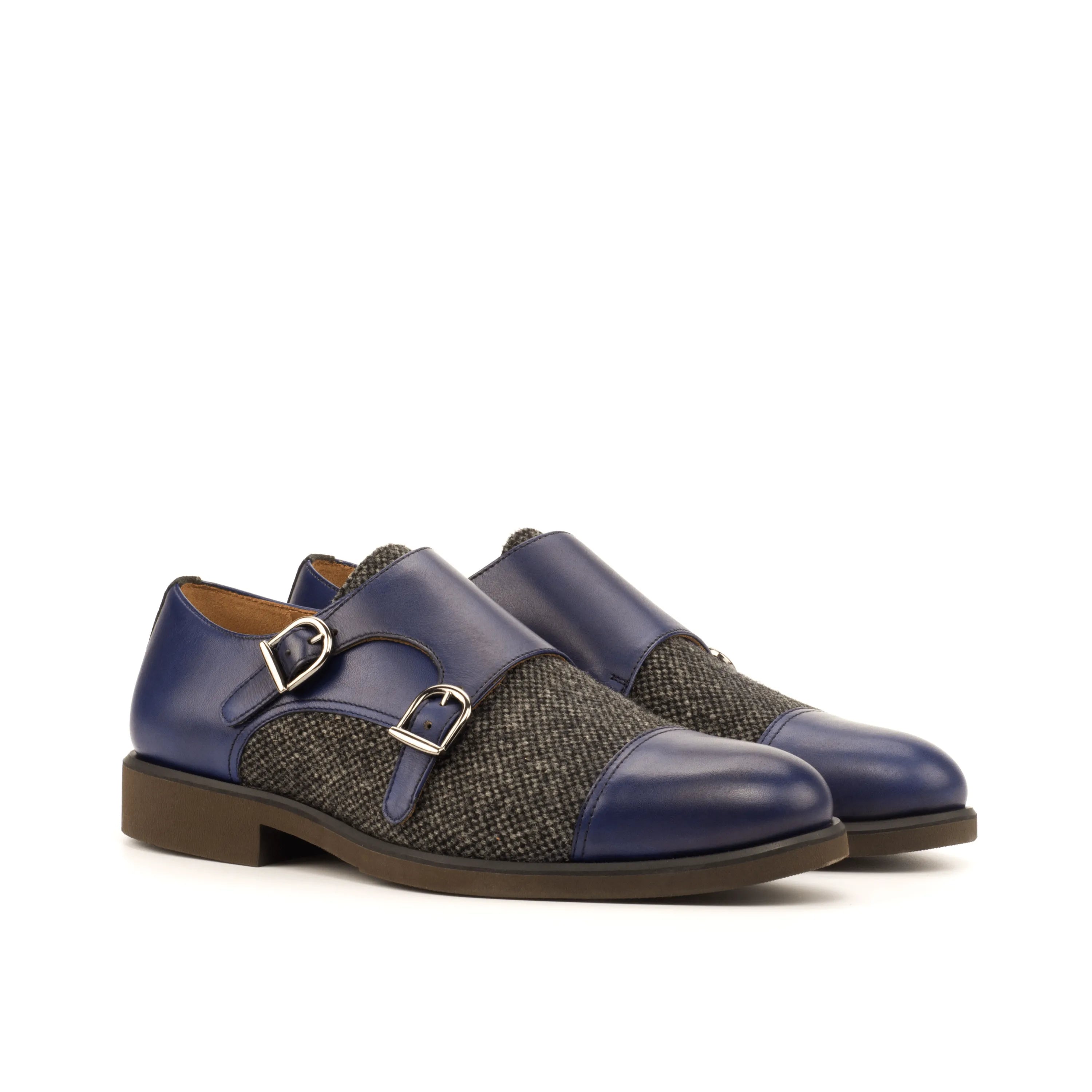 Blue and tweed NYC Double Monk shoes featuring elegant double monk patina design
