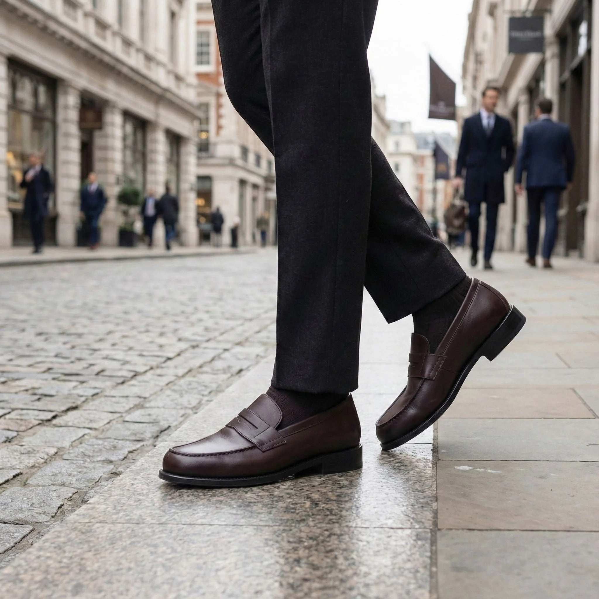 Office penny loafers in brown leather with slip-on design and toe strap