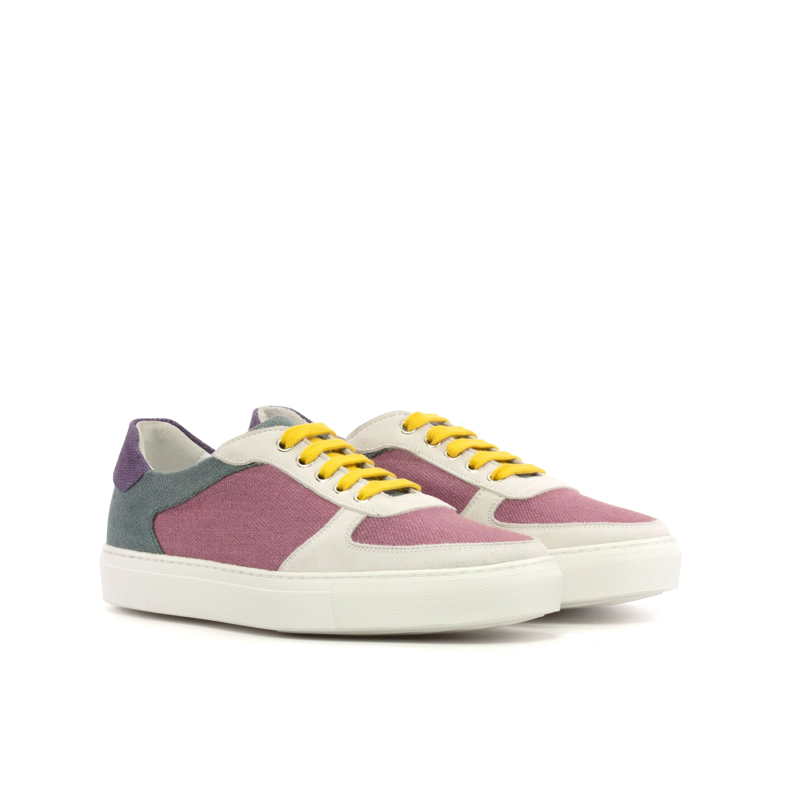 Colorful Ora Low Top Sneakers with yellow laces, showcasing luxury bespoke shoes for men