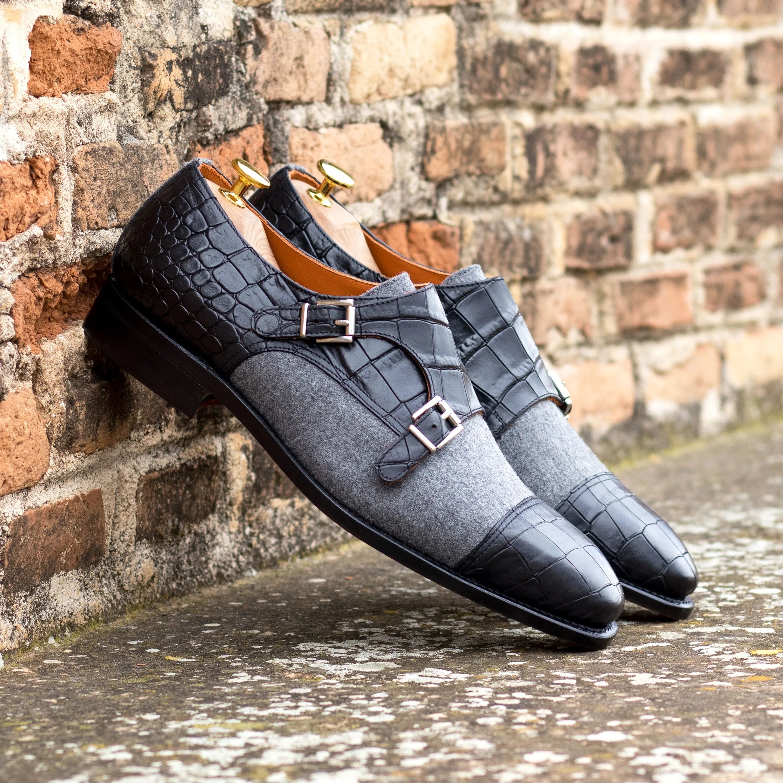 Two-tone leather and fabric Oro Double Monk shoes with a stylish design