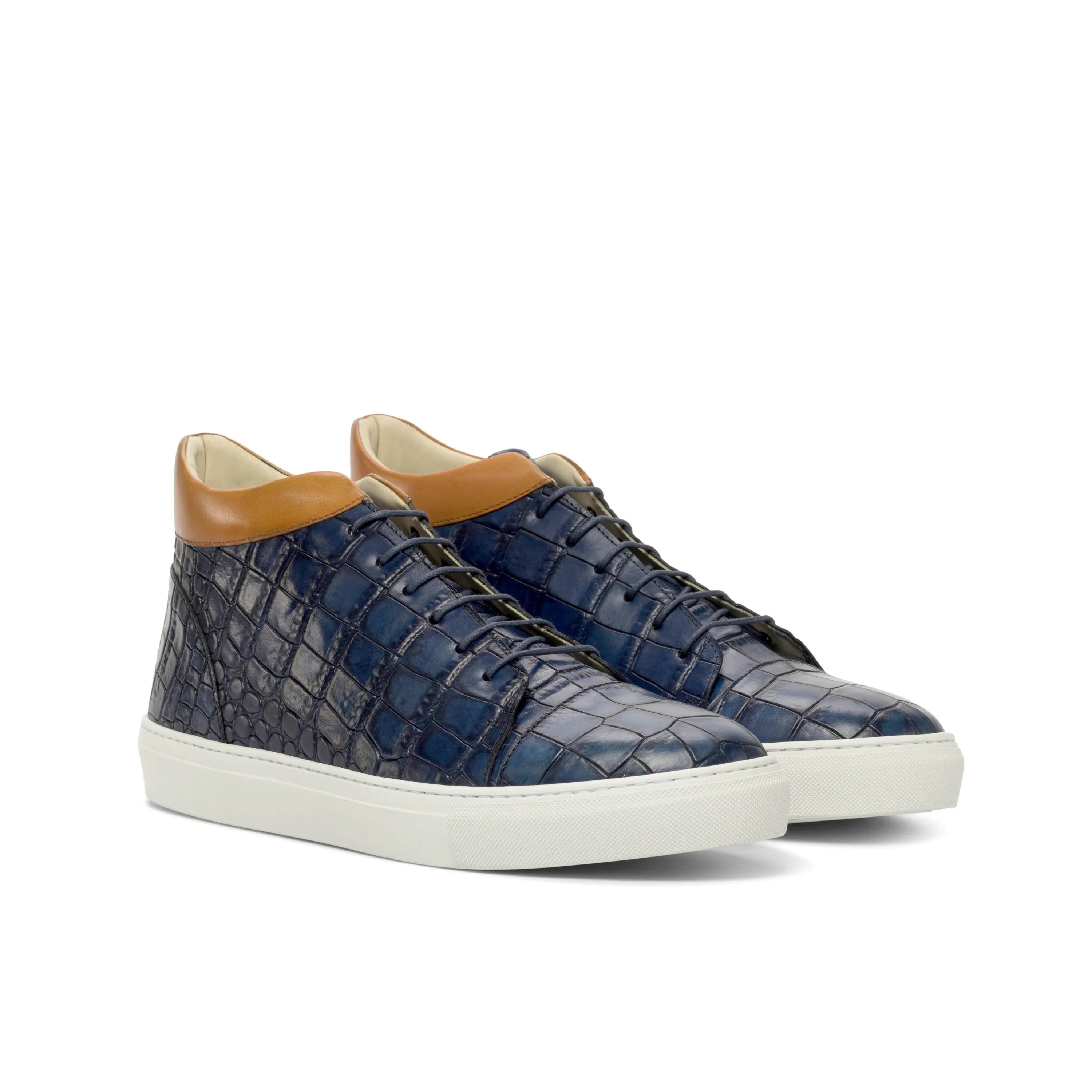 Blue crocodile-patterned leather P81 High Kicks Sneakers for stylish footwear choices
