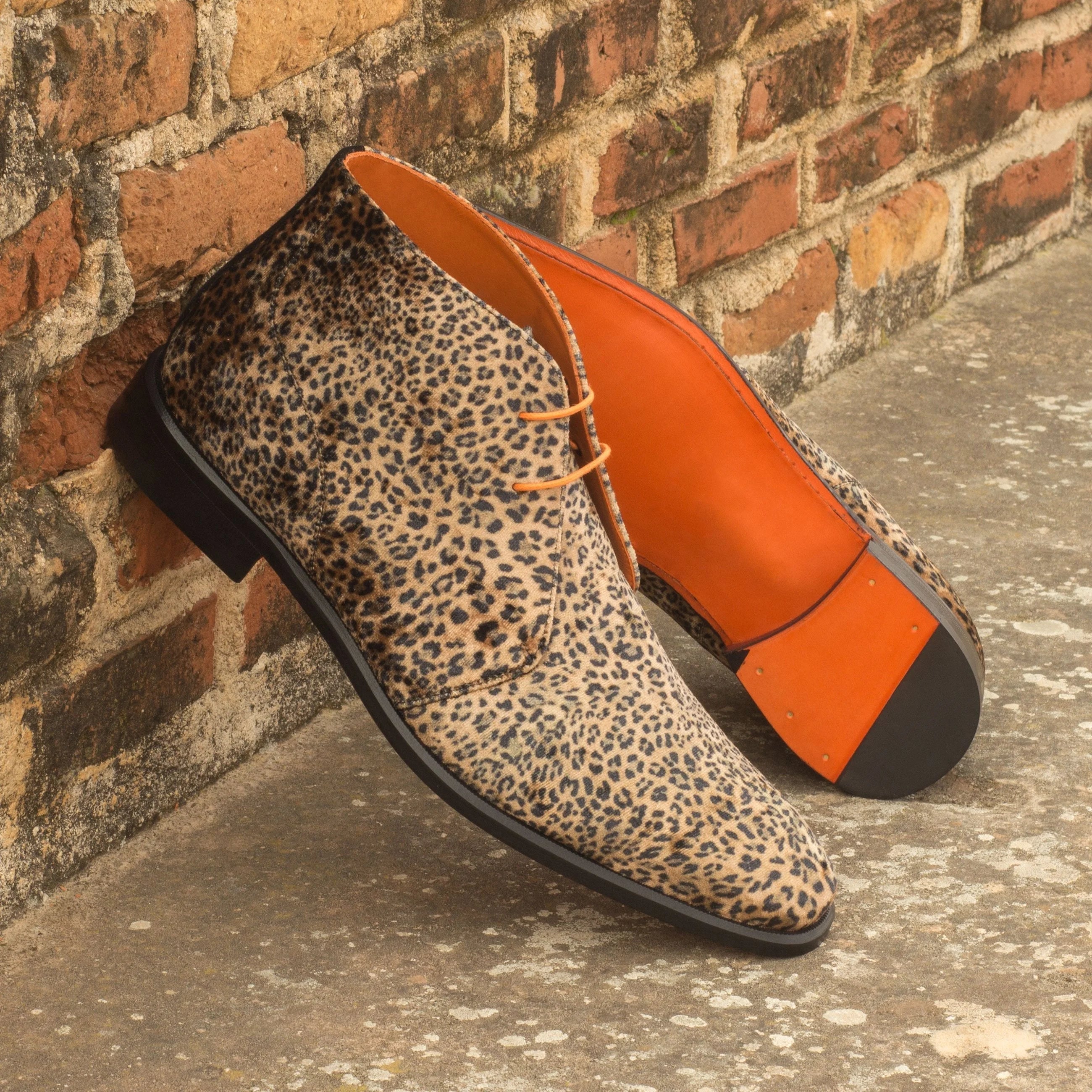 Pardo Chukka boots II: leopard print dress shoes with orange accents