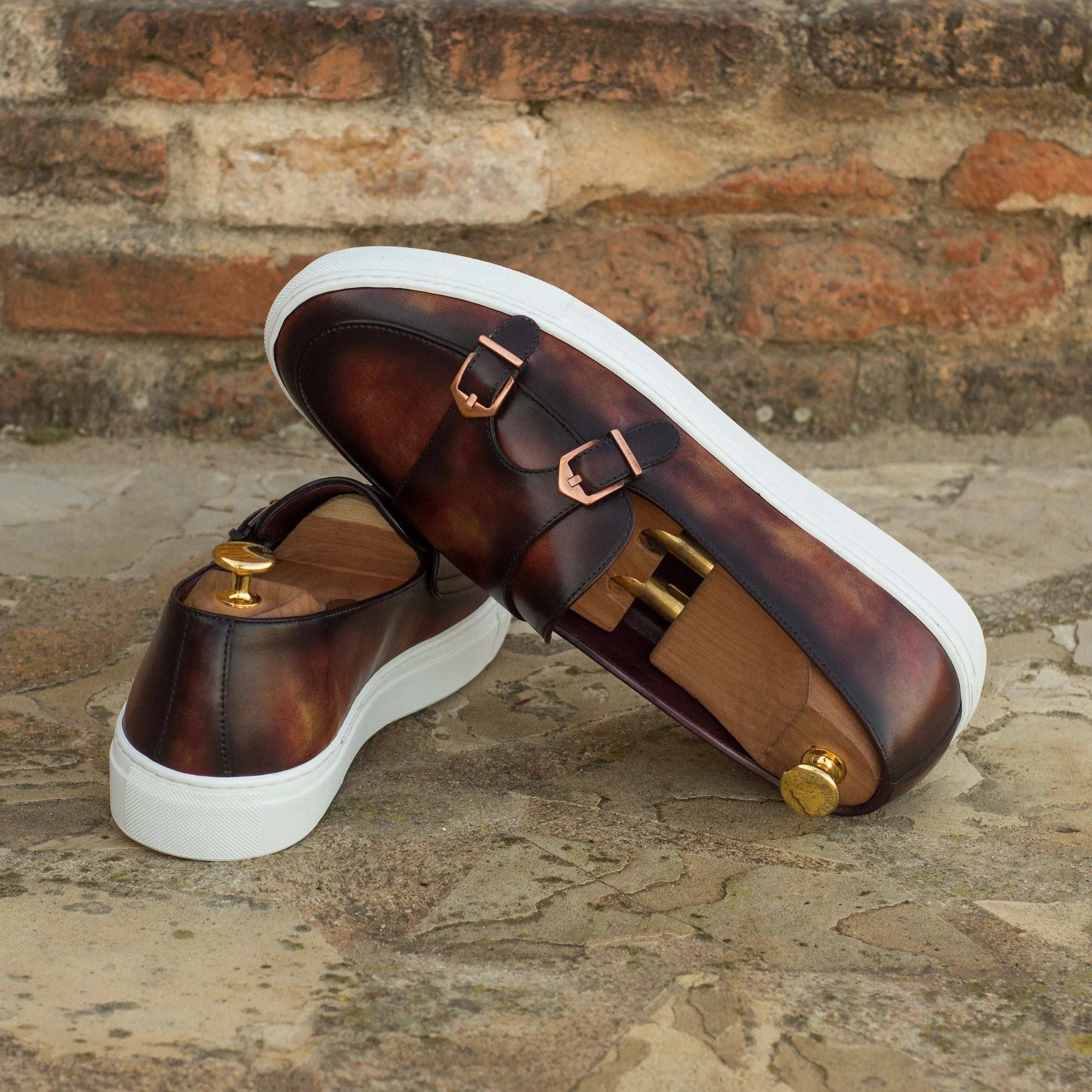Brown leather calf leather Patrina Patina monk sneaker II featuring a double monk strap design