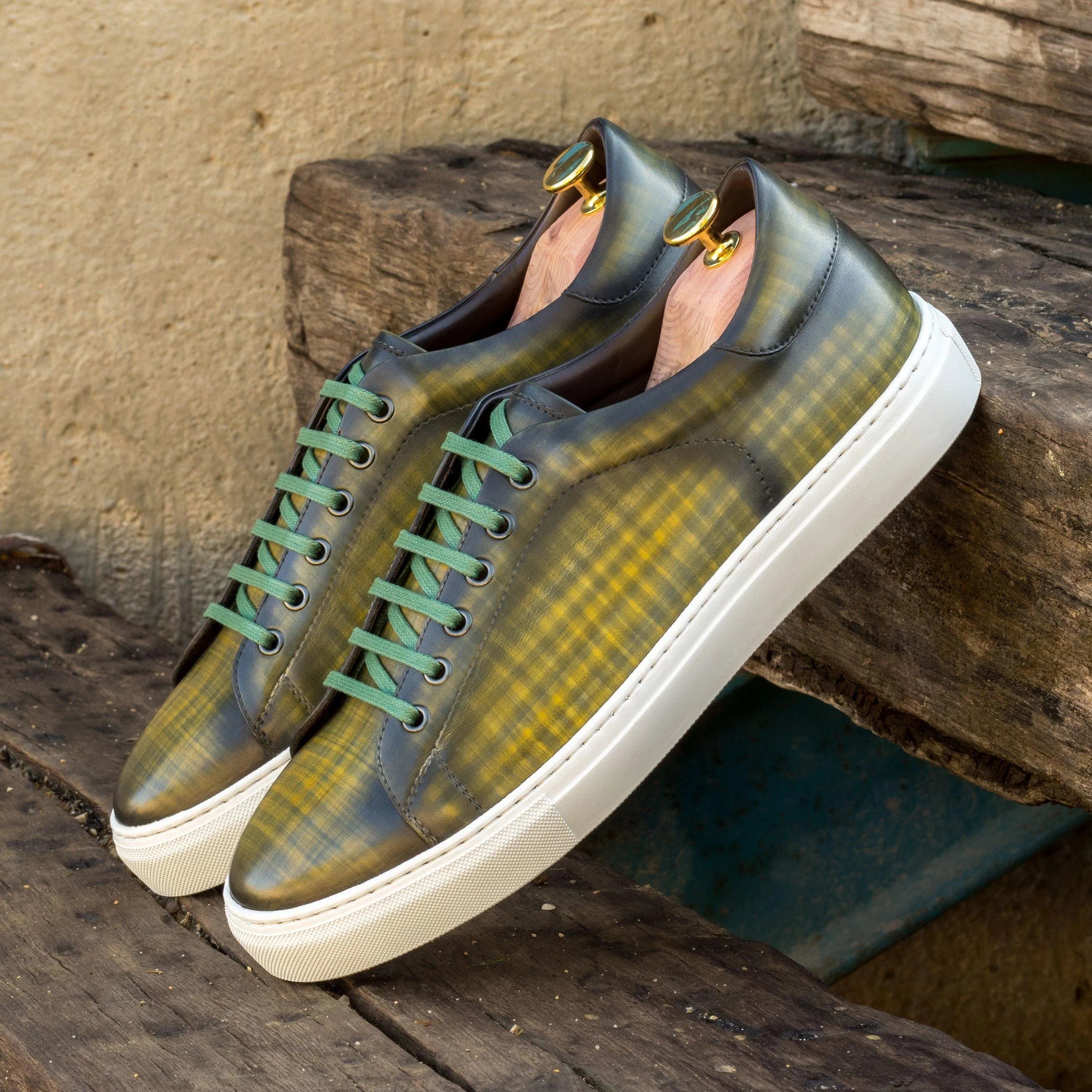 Olive plaid leather Pauli Trainer Patina sneakers with cupsole design for stylish comfort