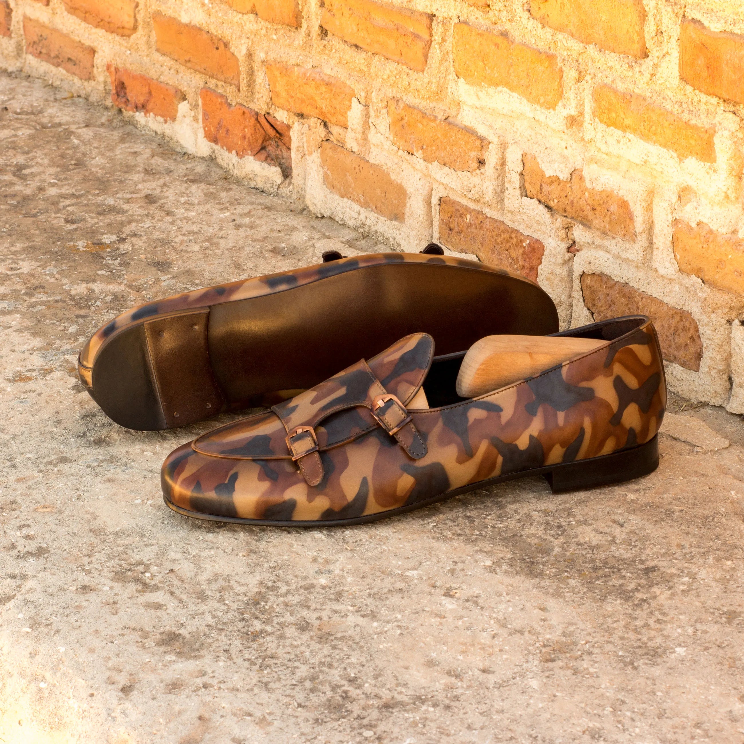 Camouflage leather Pelagios Belgian Patina Monk Slipper showcasing elegant design