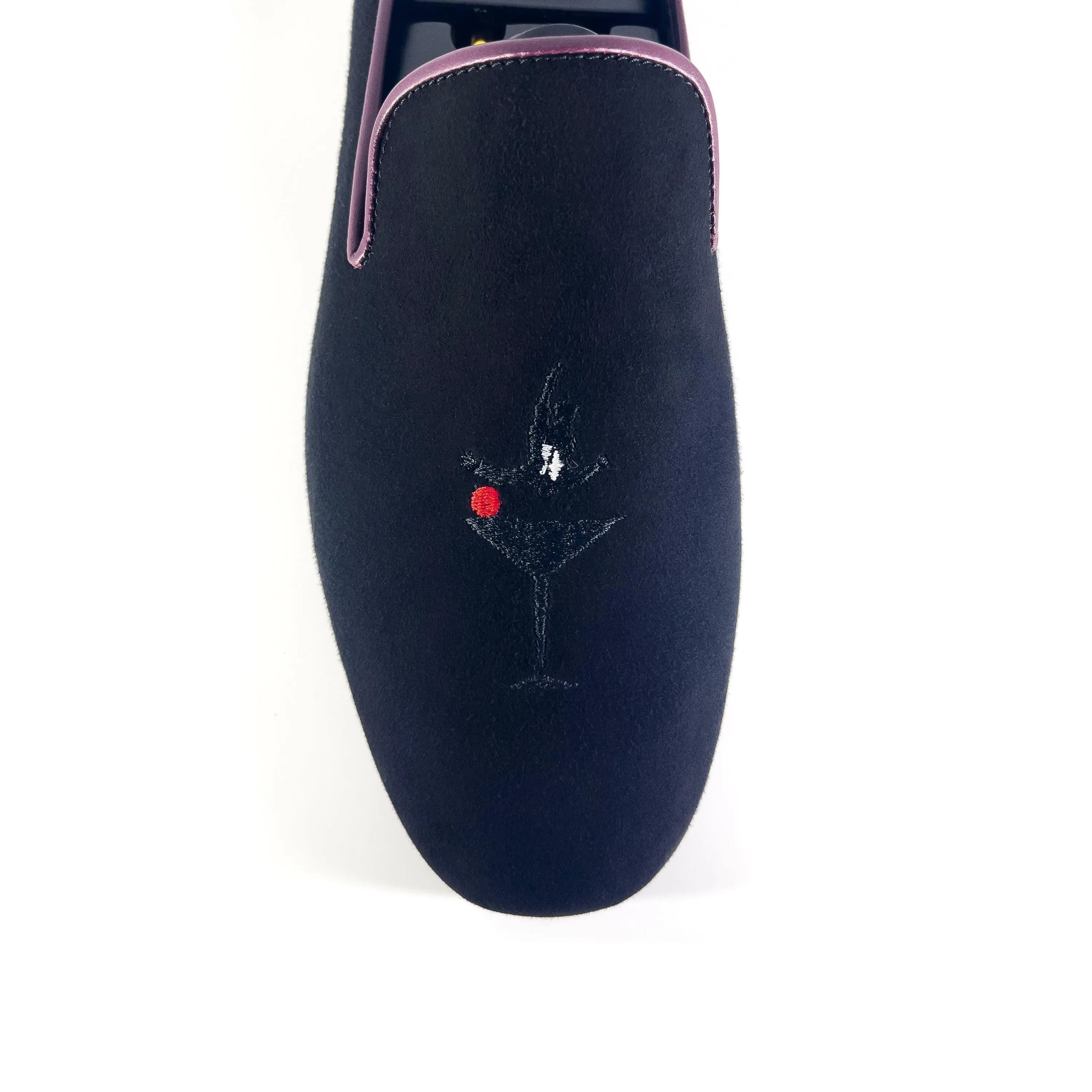 Black velvet Pete Wellington slipon featuring exquisite cocktail embroidery