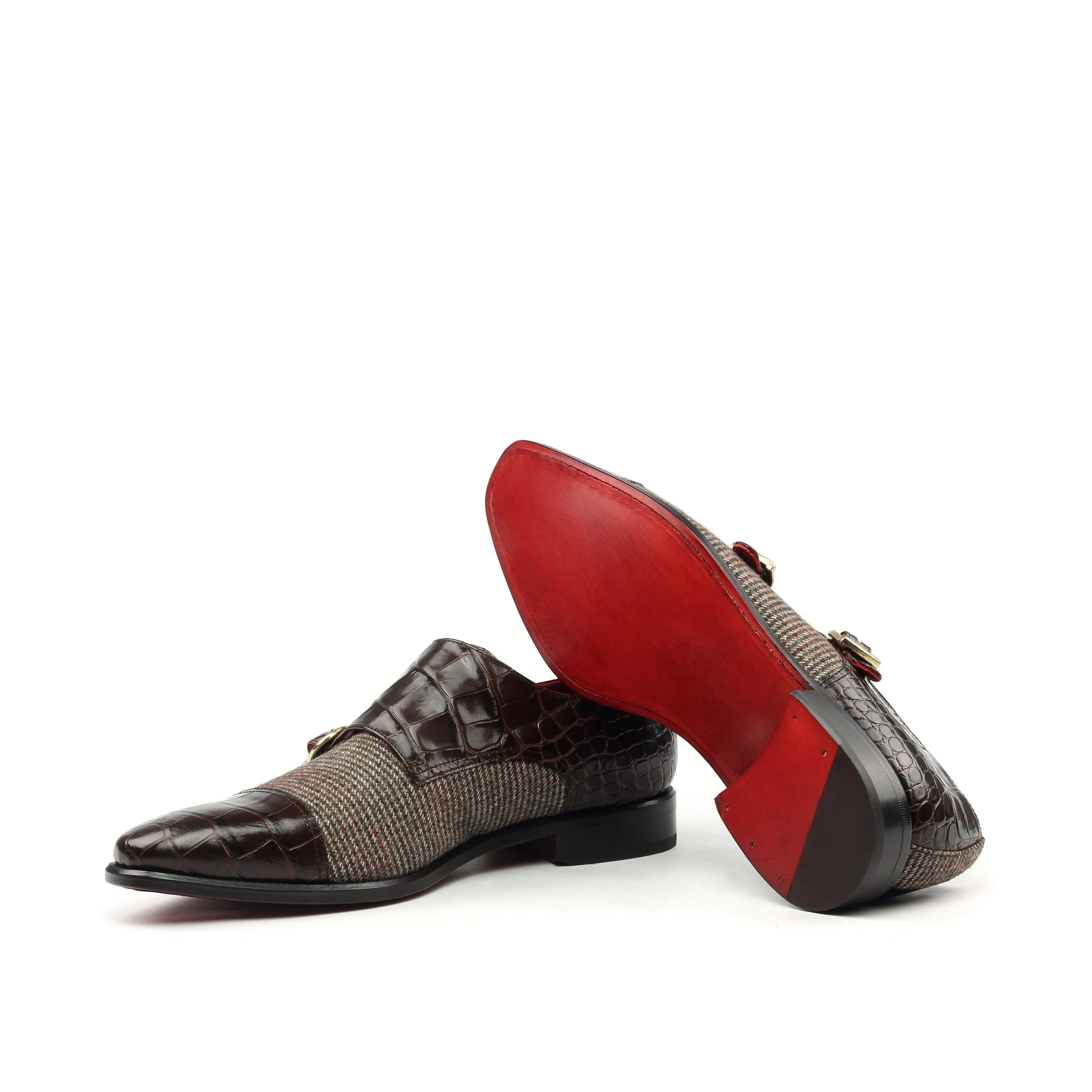 Brown leather and tweed Peter Double Monk Croco Shoes for sophisticated style