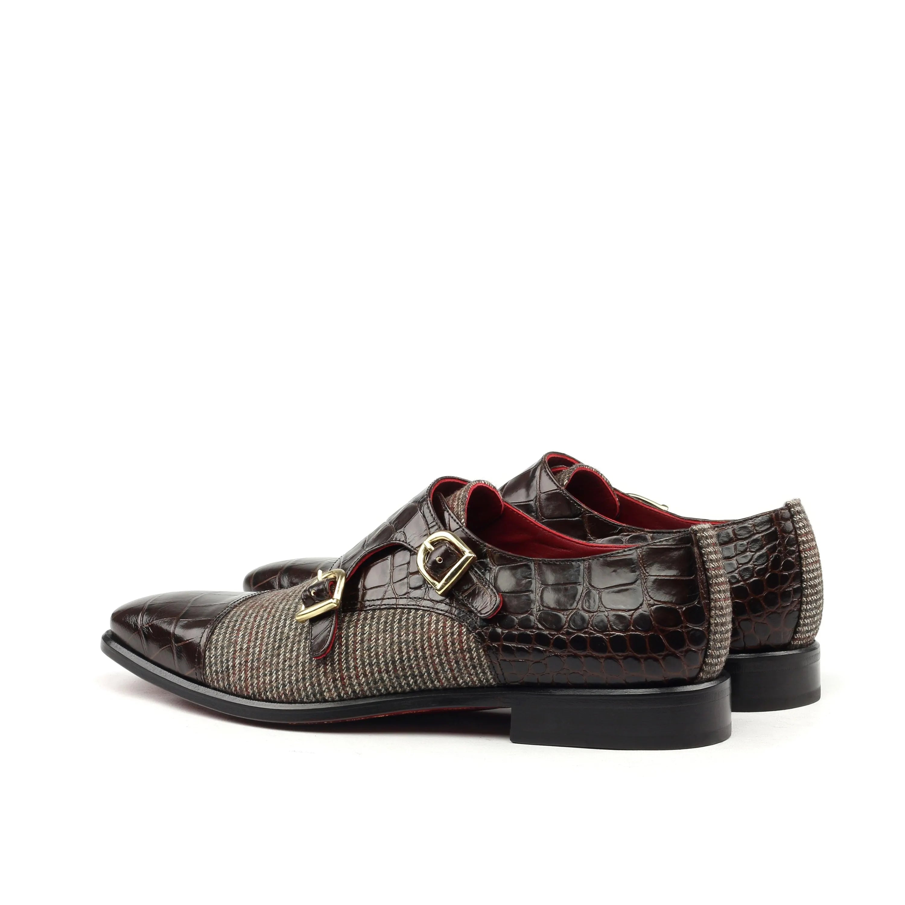 Brown leather and tweed Peter Double Monk Croco shoes showcasing elegant design