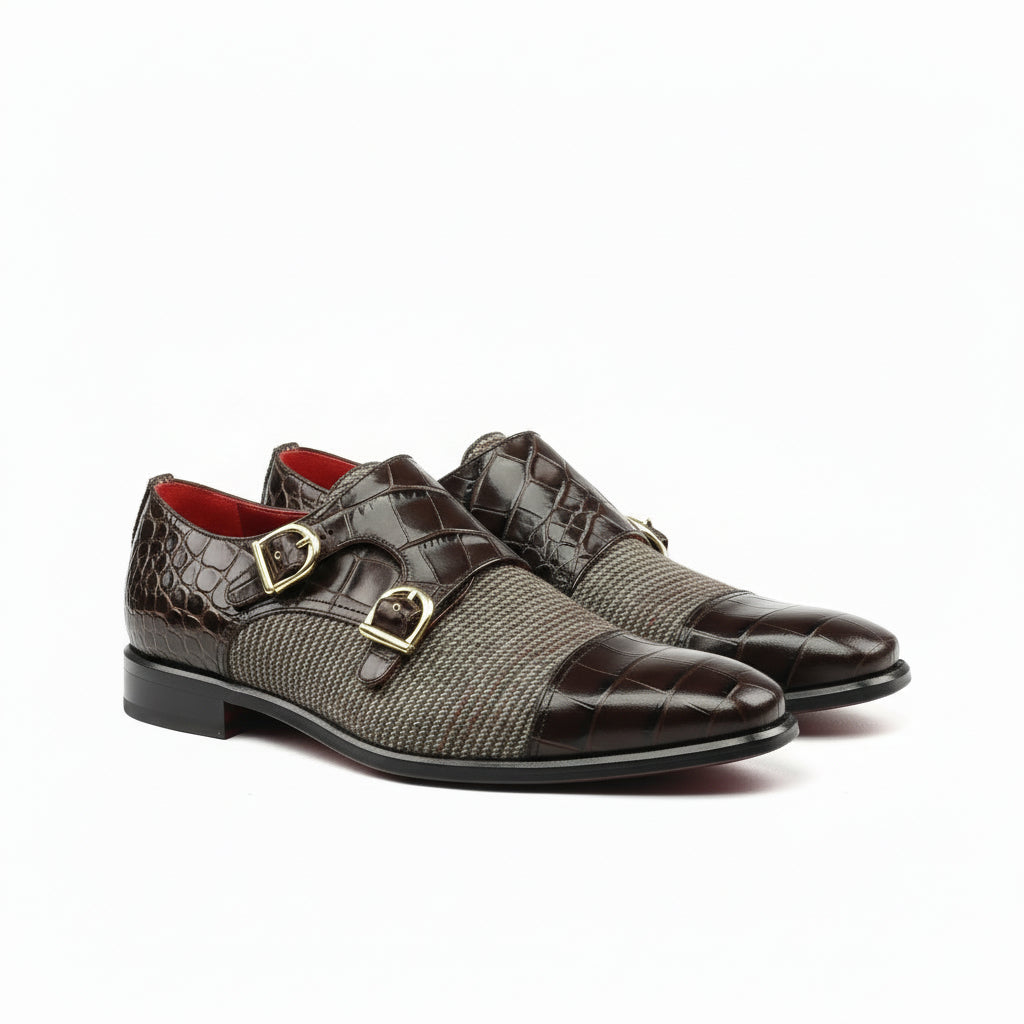 Brown leather and tweed Peter Double Monk Croco shoes for refined elegance