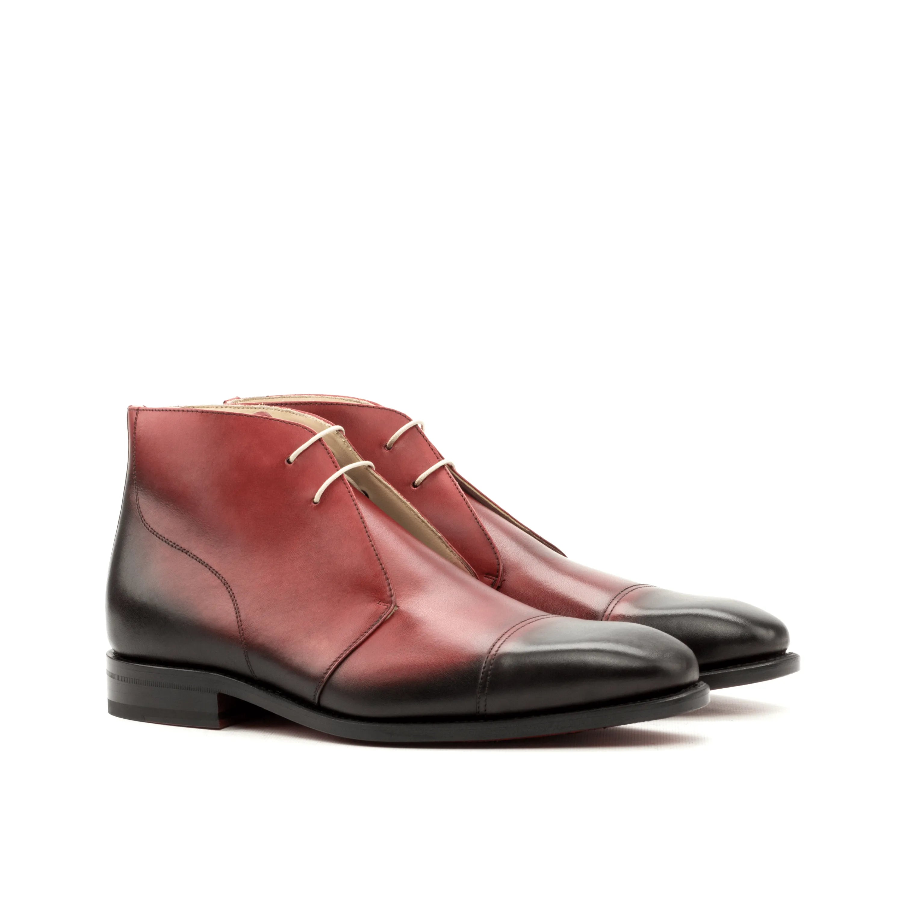 Burgundy and black leather chukka boots, the Philo Chukkas, luxury bespoke shoes for men