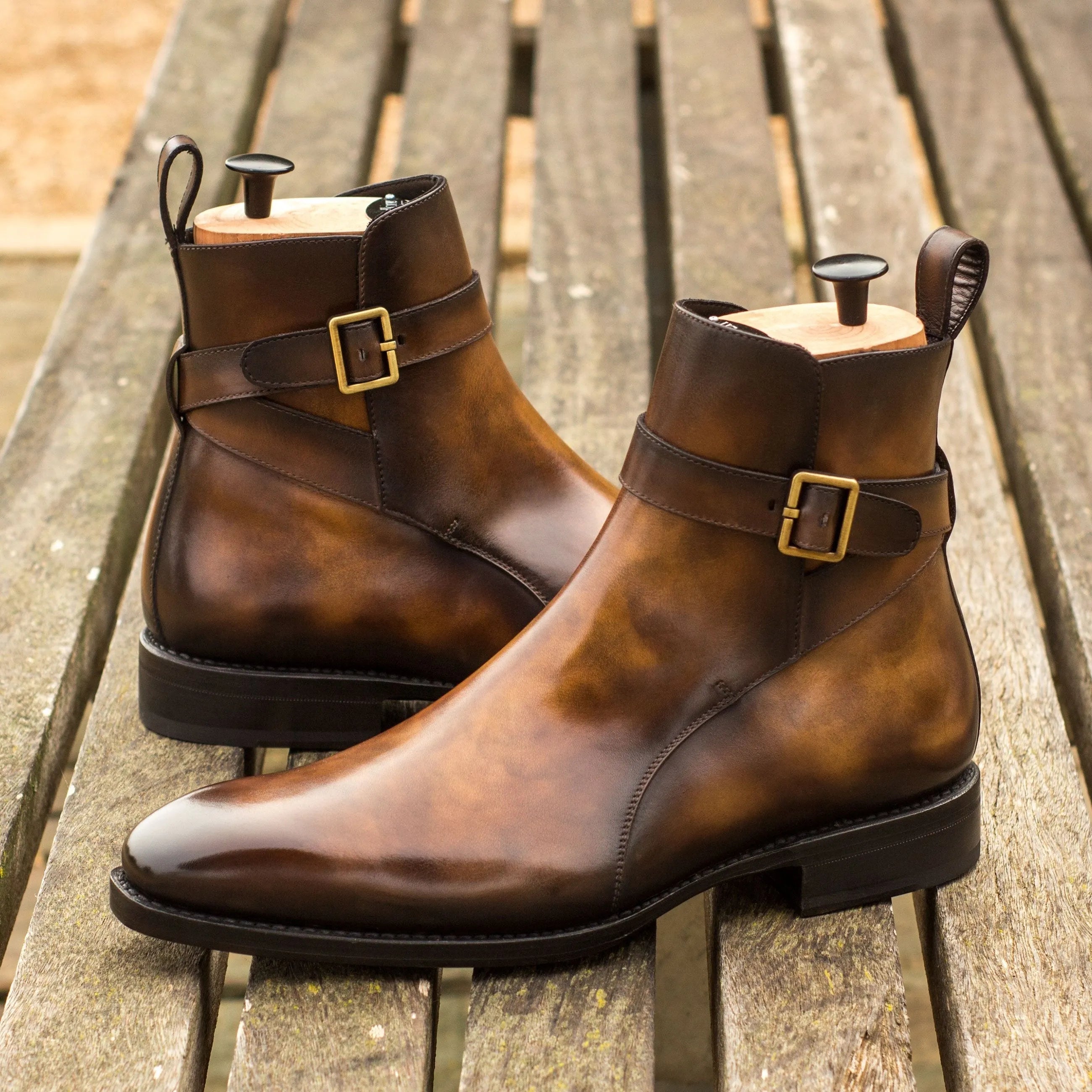 Brown leather ankle boots with buckles from the Picasso Jodhpur Patina collection