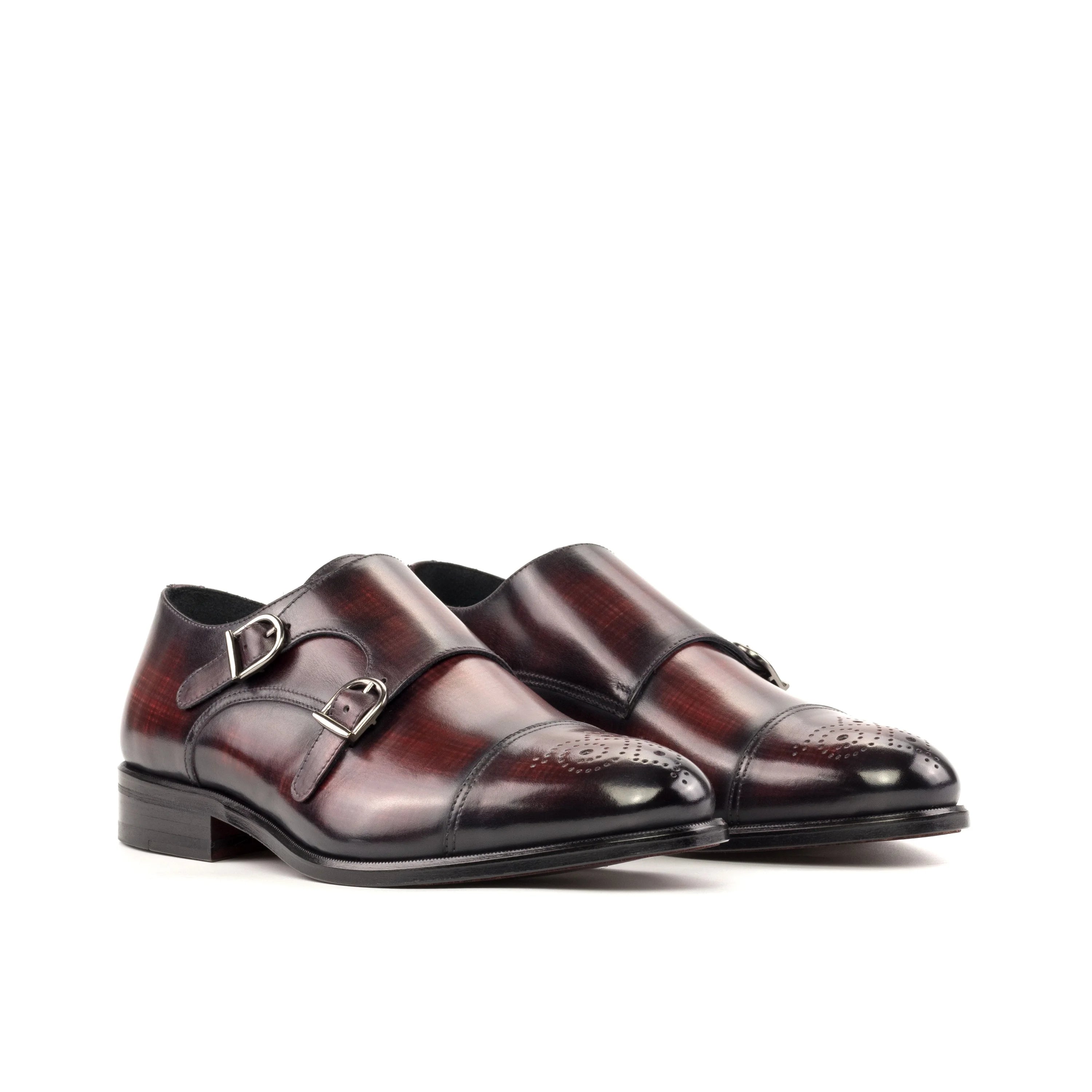 Pizaz Double Monk Patina II burgundy leather monk patina shoe with buckle