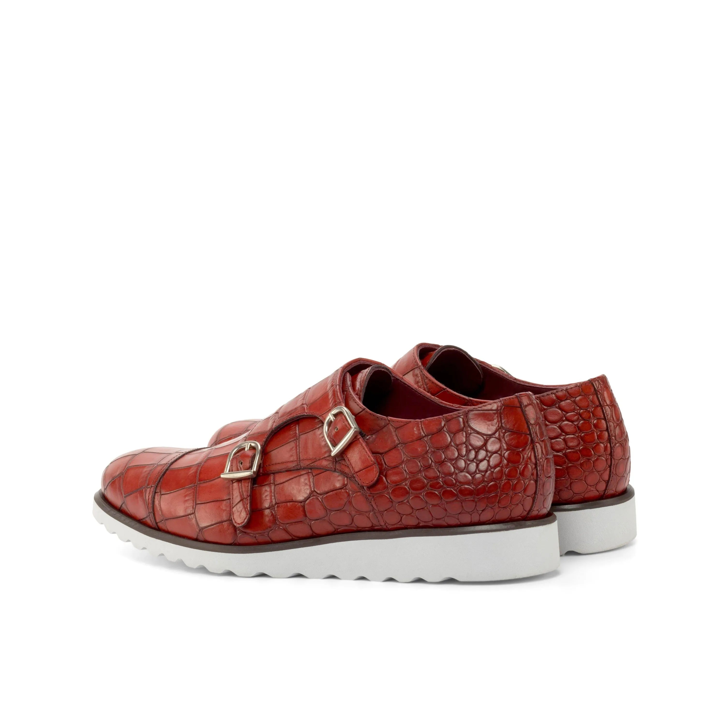 Red crocodile-patterned Poaulo Double Monk Shoes with stylish double monk design