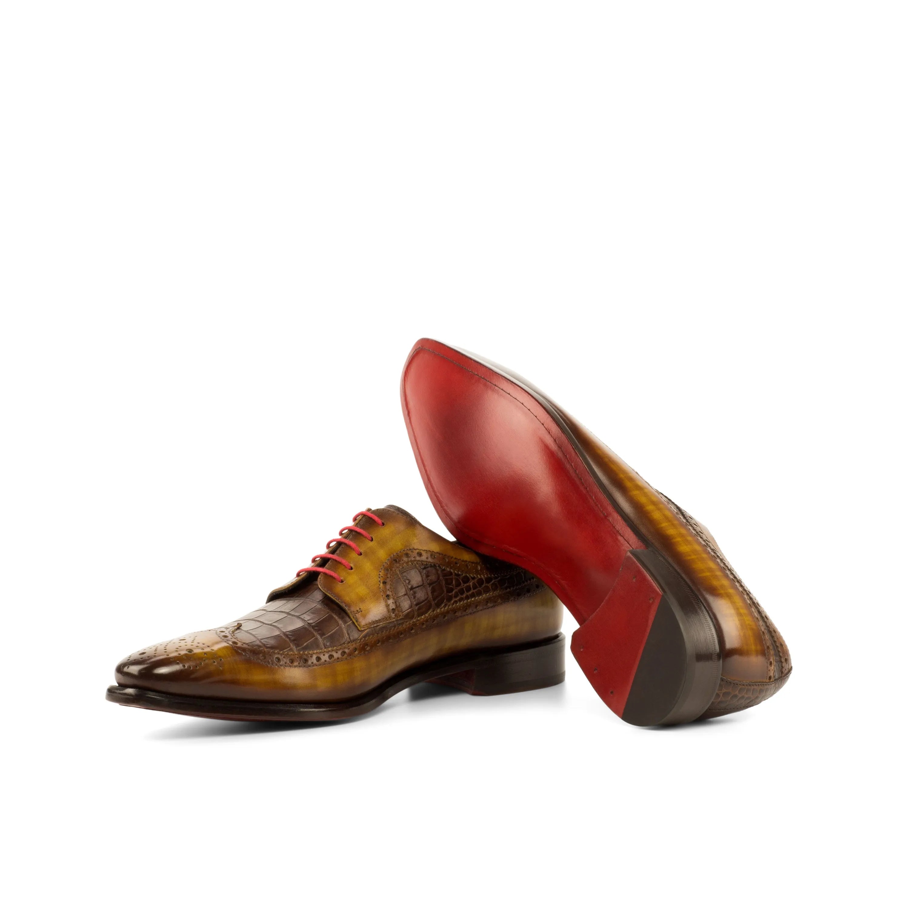 Brown leather Power2 Longwing Patina Blucher dress shoes with striking red soles