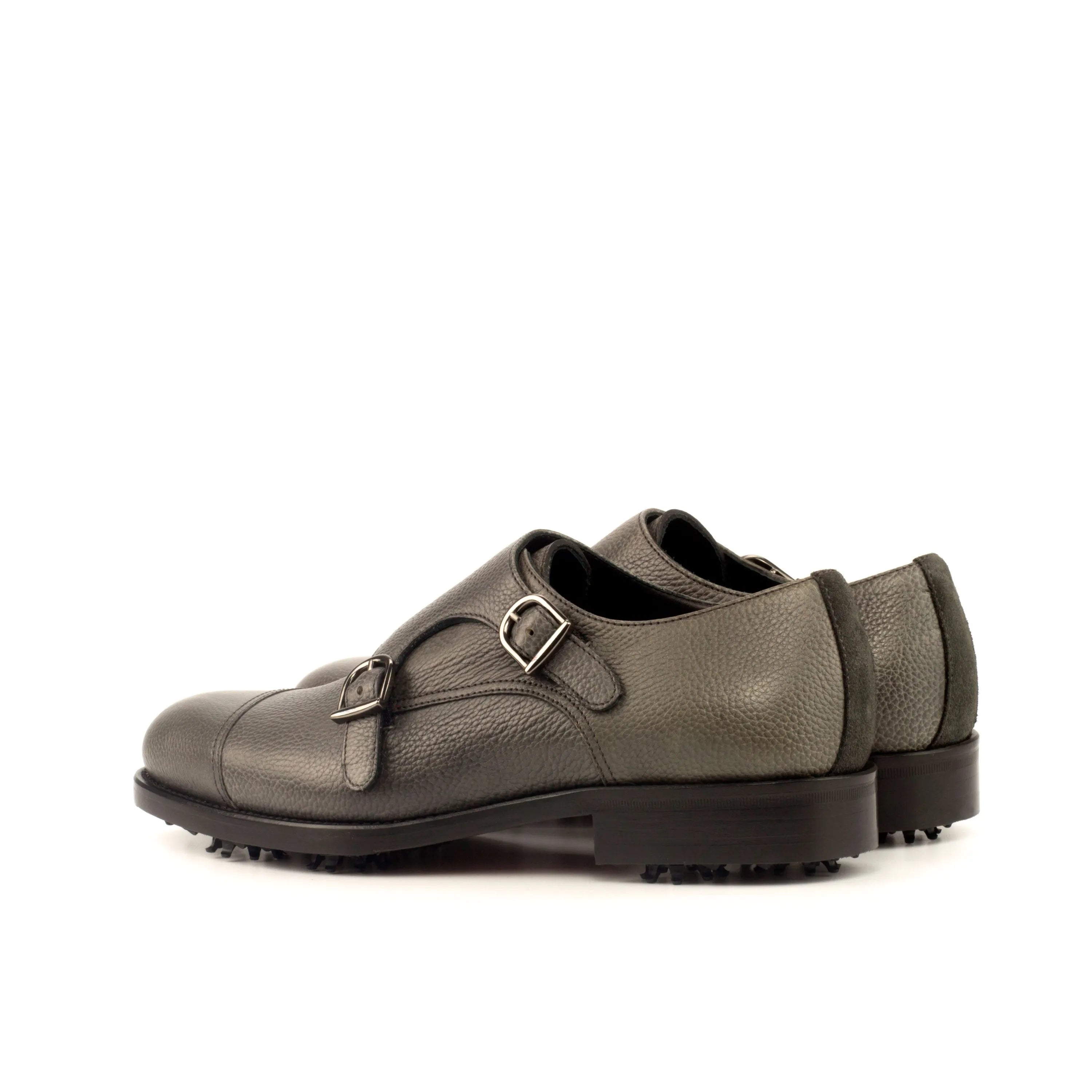 Gray leather double monk strap Puck golf shoes offering elegance and performance