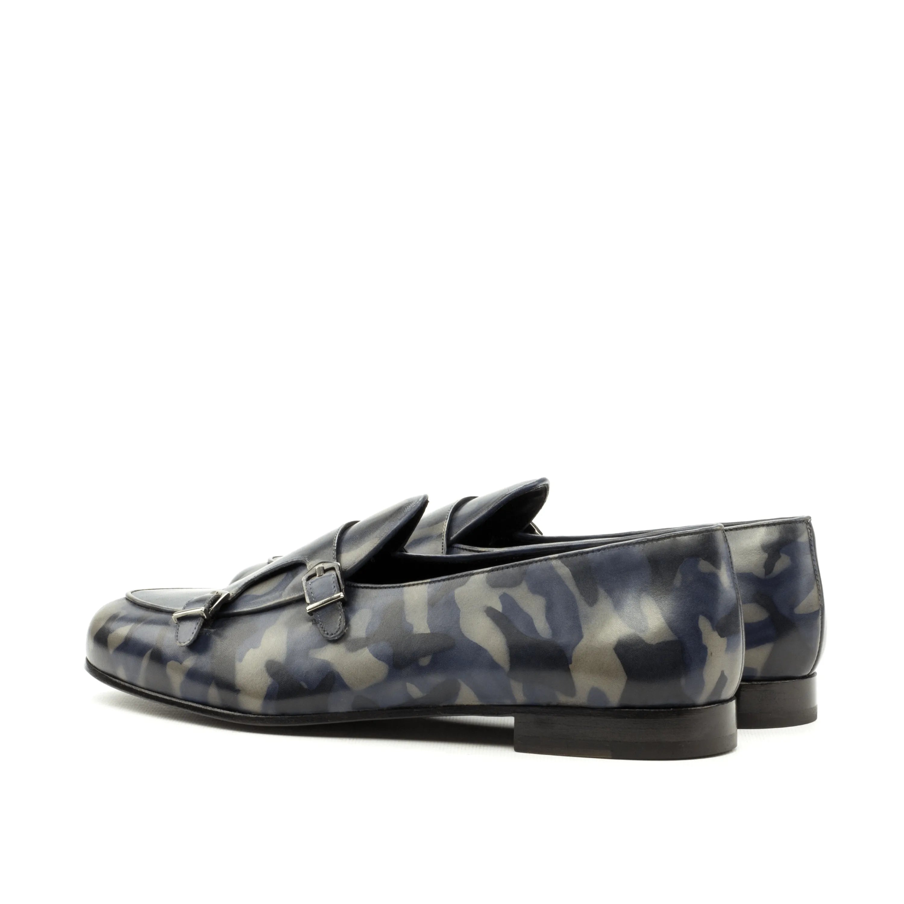 Camo leather monk strap loafers from Pyyros Patina Belgian Monk Slipper collection