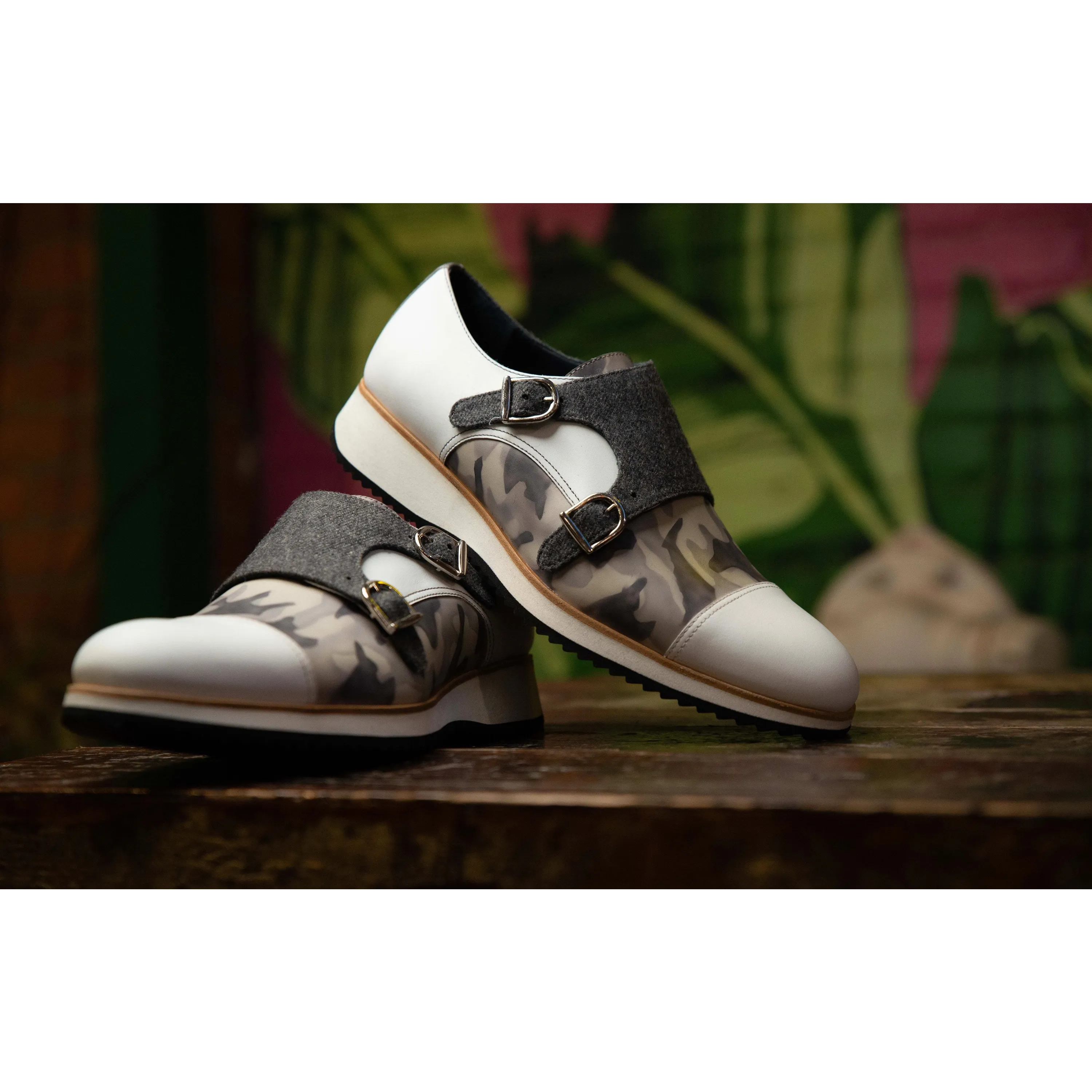 Pair of white and camouflage Patina Double Monk strap shoes for stylish footwear