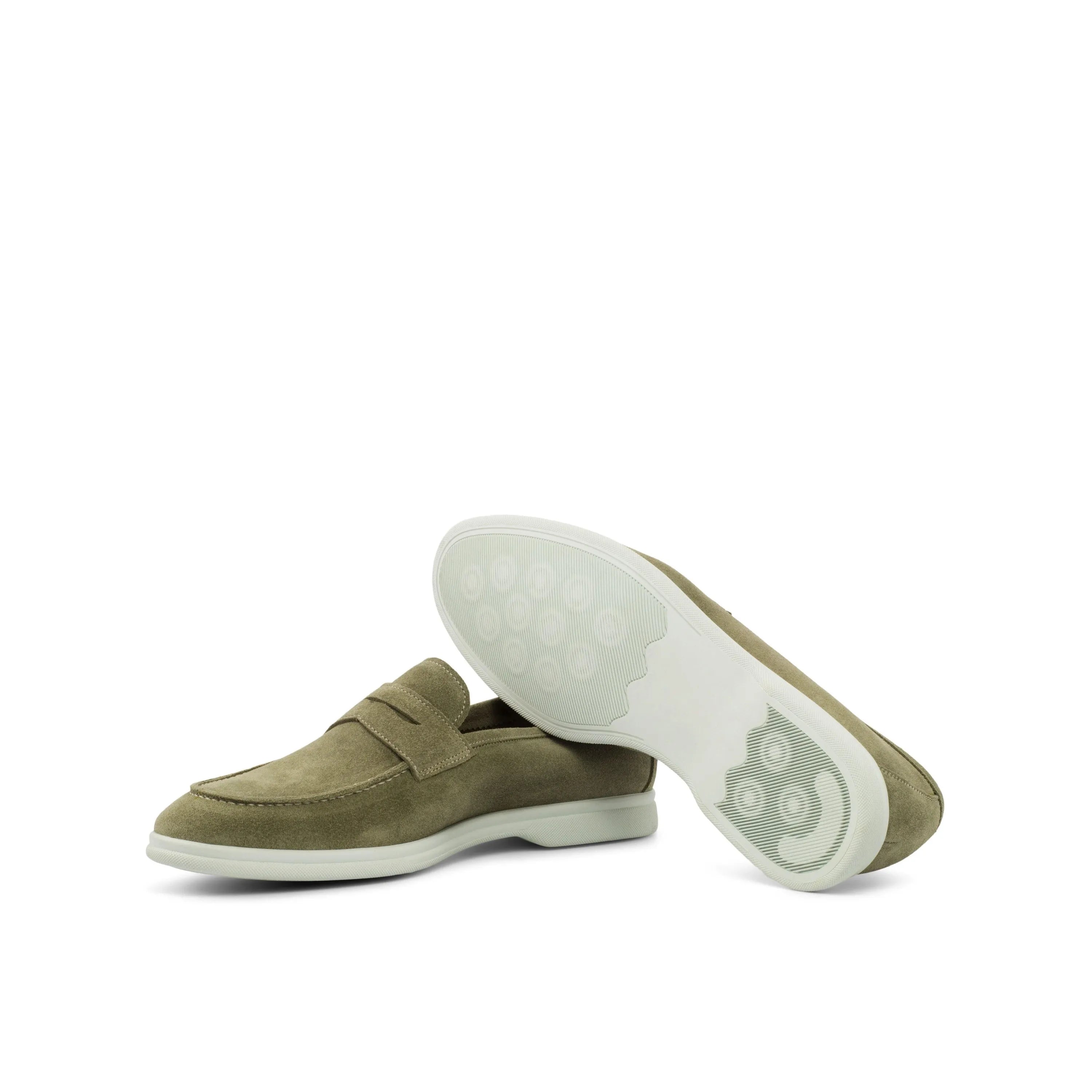 Olive suede penny loafers from Q3 Moc Flex Shoes with calf leather and rubber sole