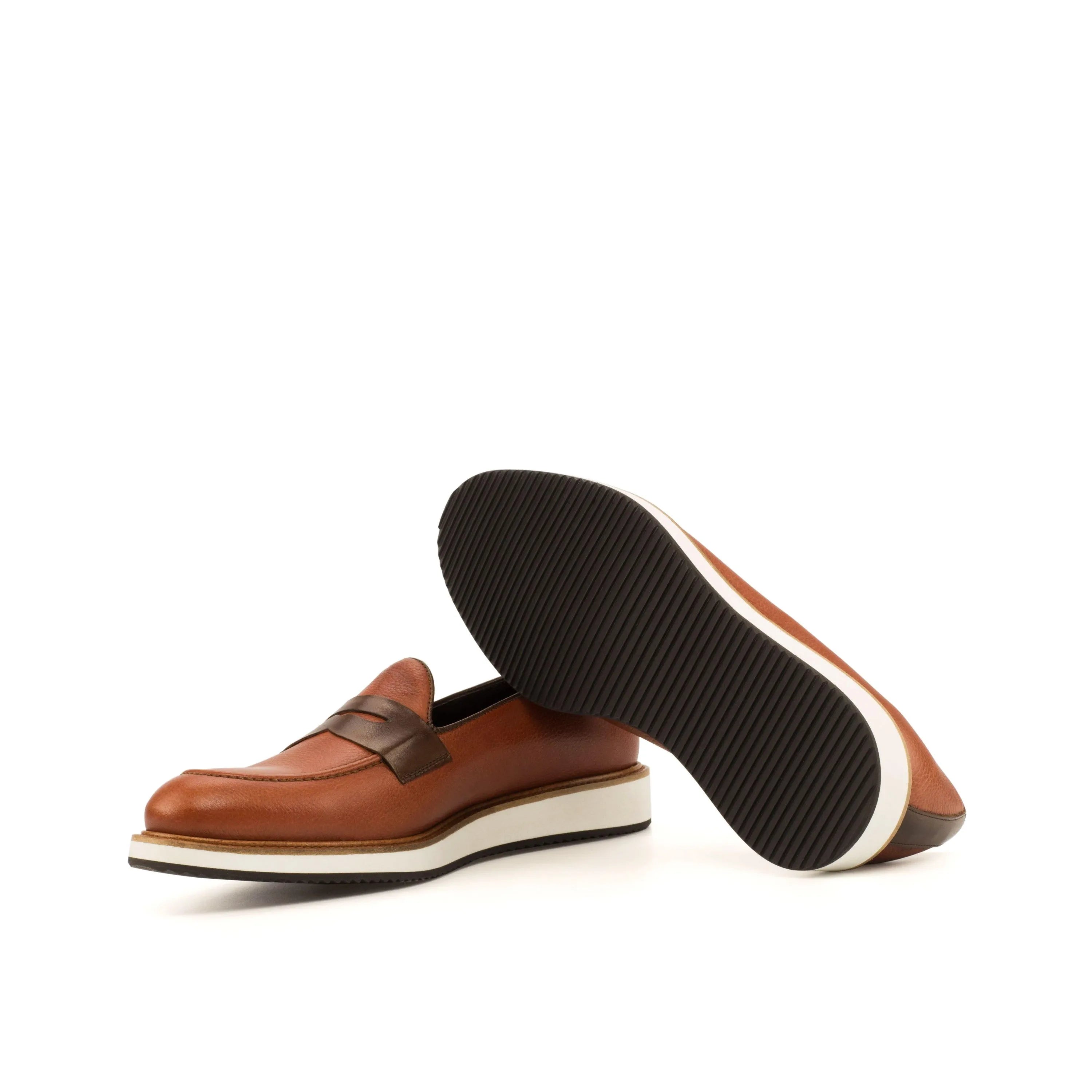 Brown leather QE04 loafers with white soles and rounded toe, luxury bespoke shoes for men