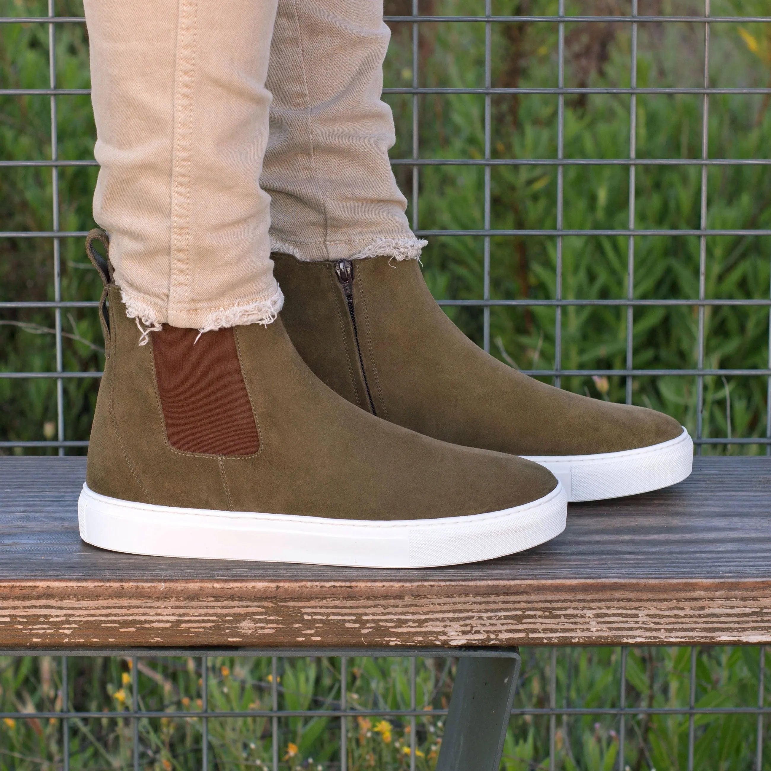 Olive green suede QR02 Chelsea sneaker boots showcasing modern casual style