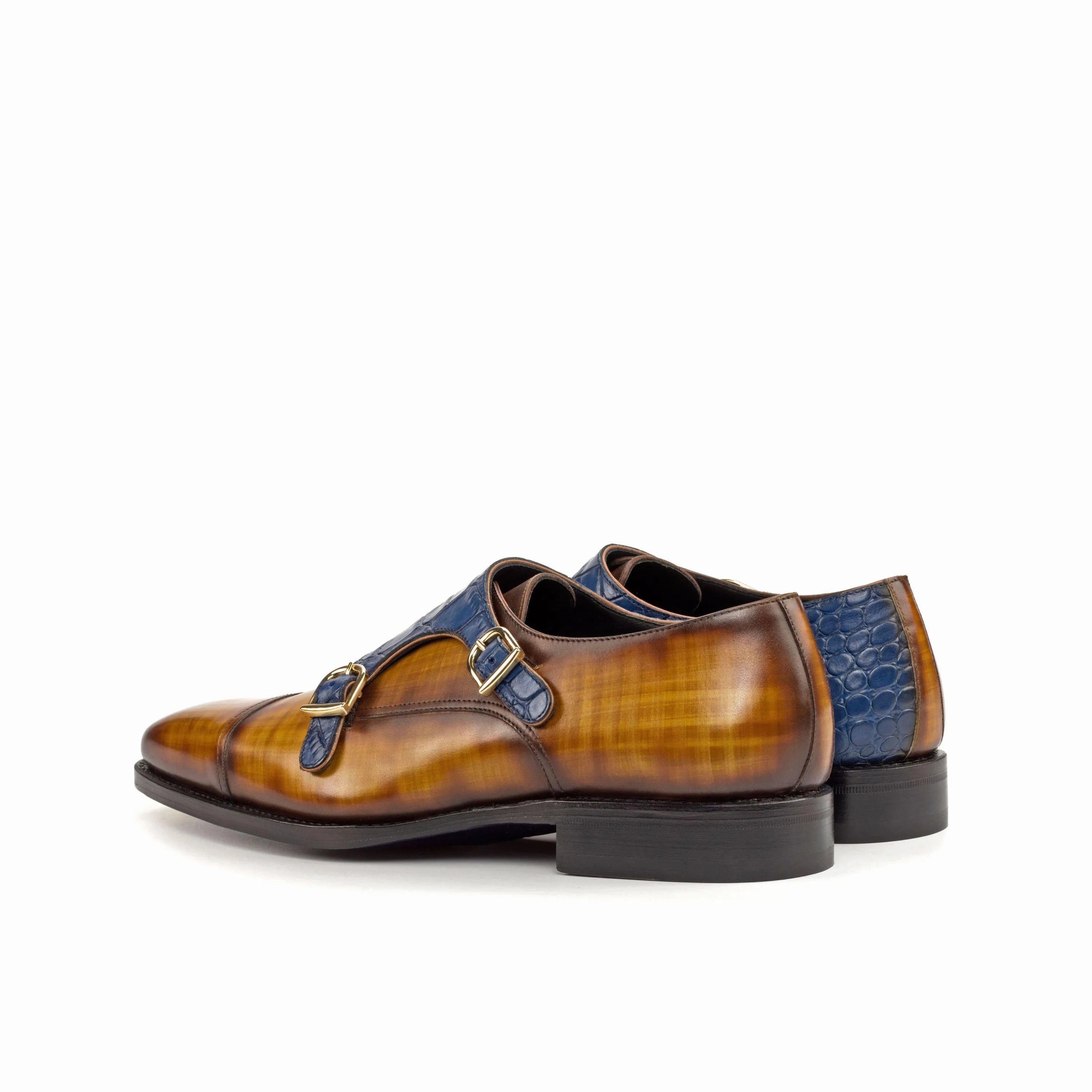 Brown and blue leather Quin Double Monk Patina shoes showcasing elegant design