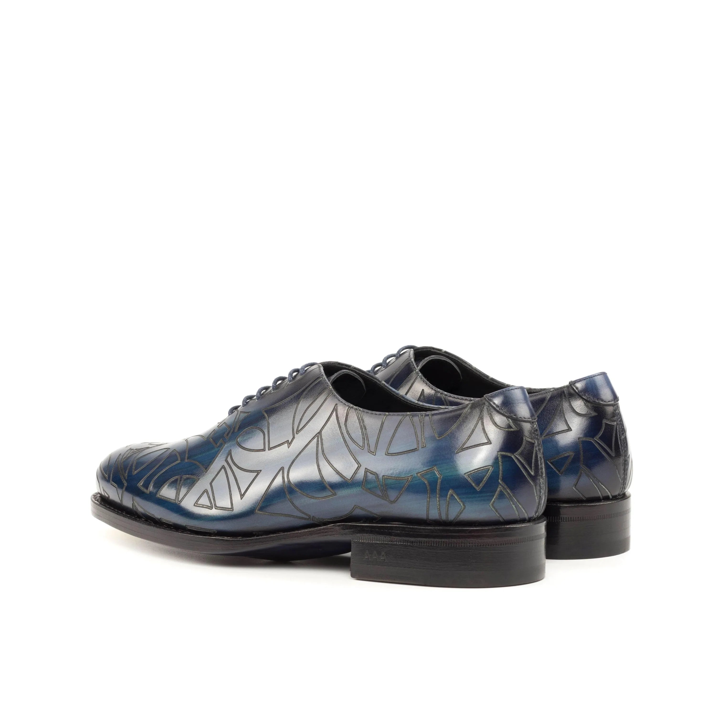 Patterned blue leather dress shoes, Quswa 2 Patina Wholecut Shoes in Italian crust leather