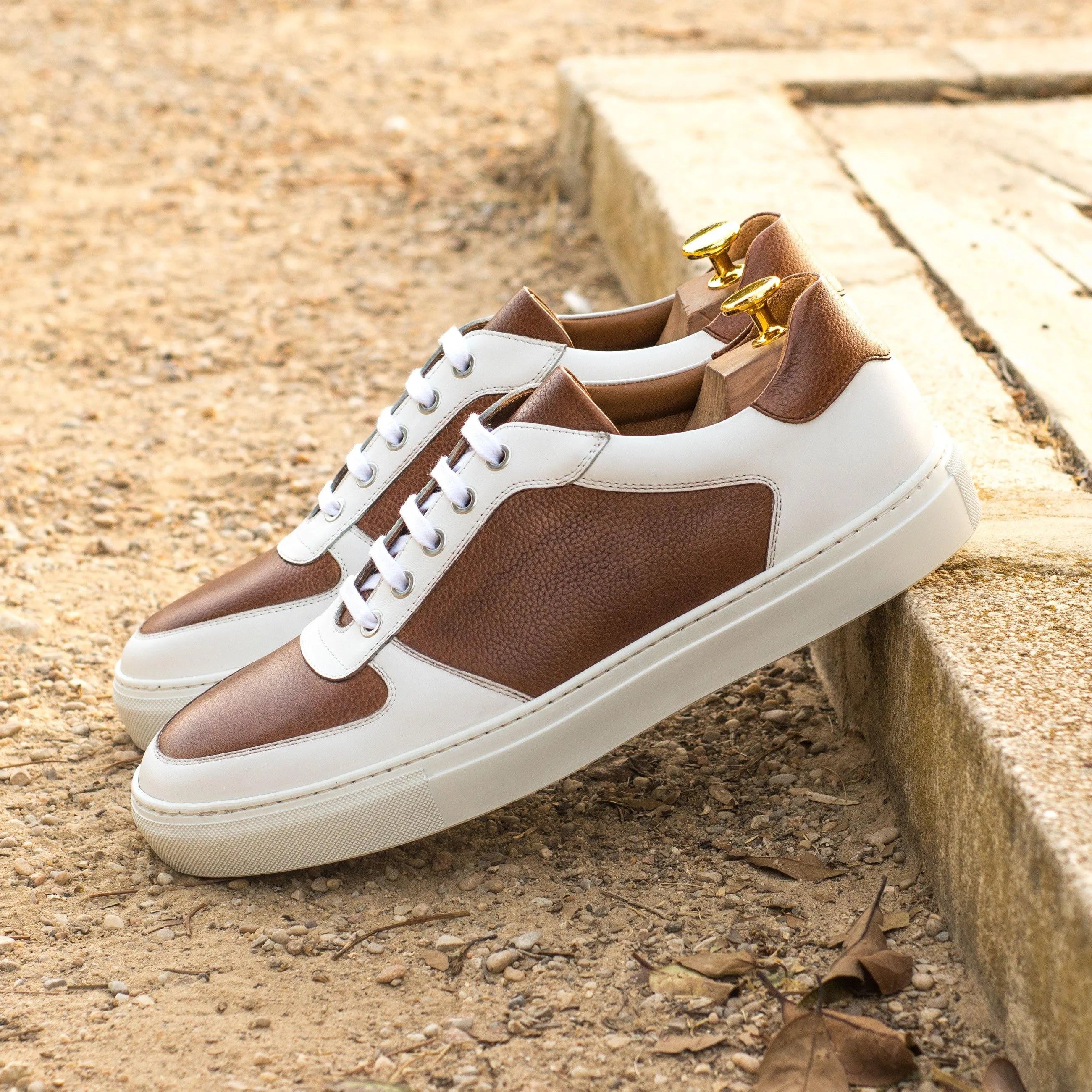 Brown and white leather R51 Low Top Sneakers, luxury bespoke shoes for men