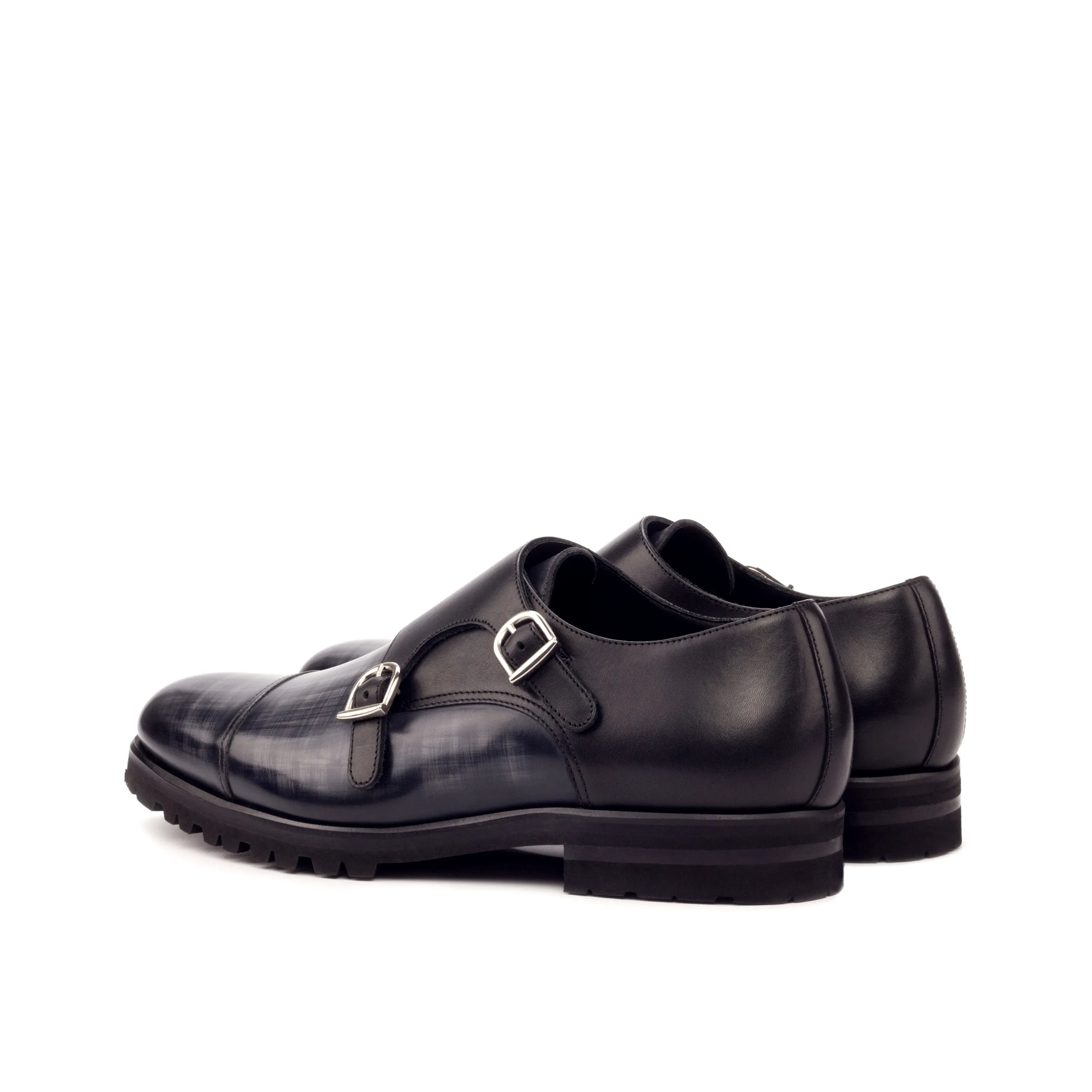 Black leather Ramses Double Monk Patina shoes with double monk strap design