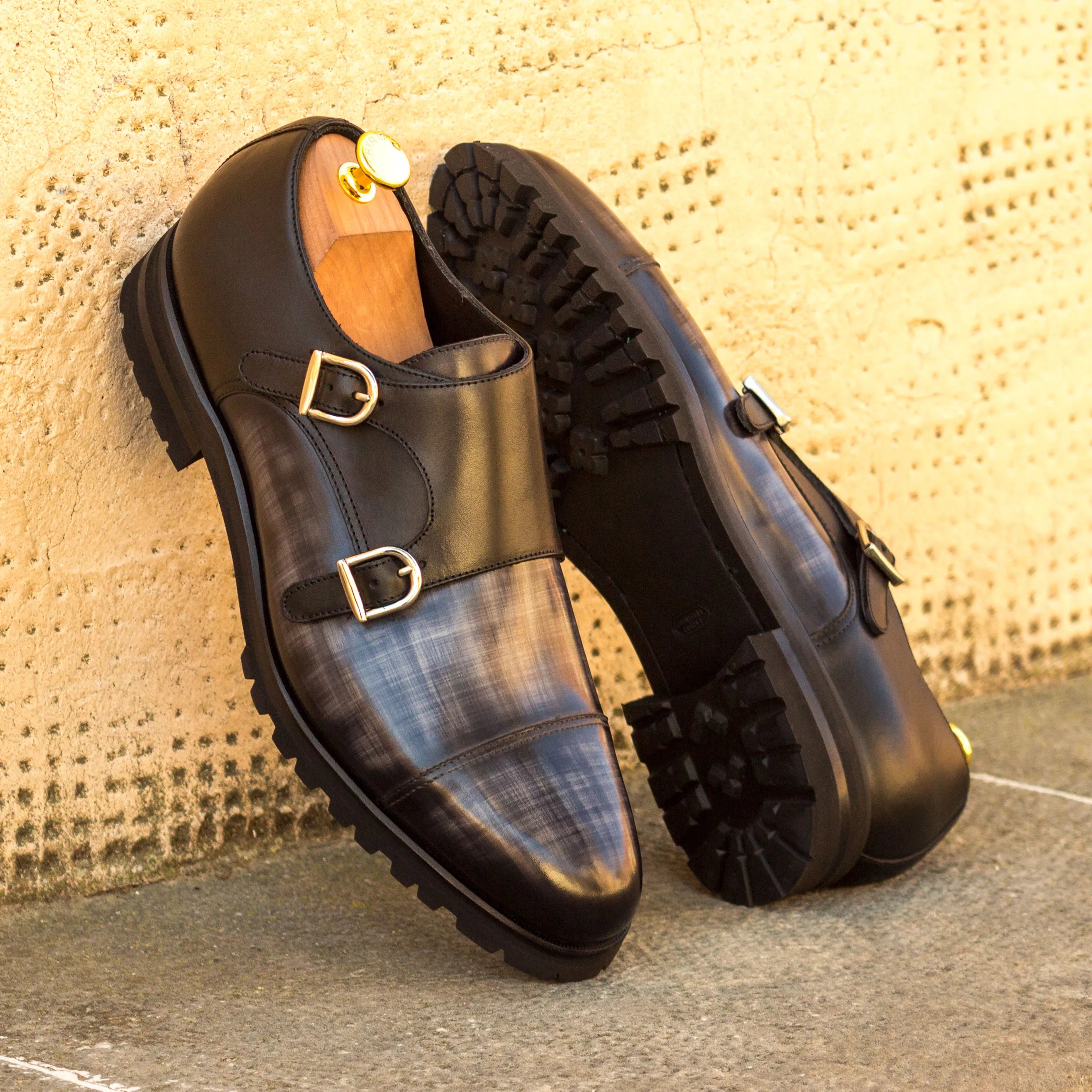 Black leather Ramses Double Monk Patina shoes with stylish double monk strap design