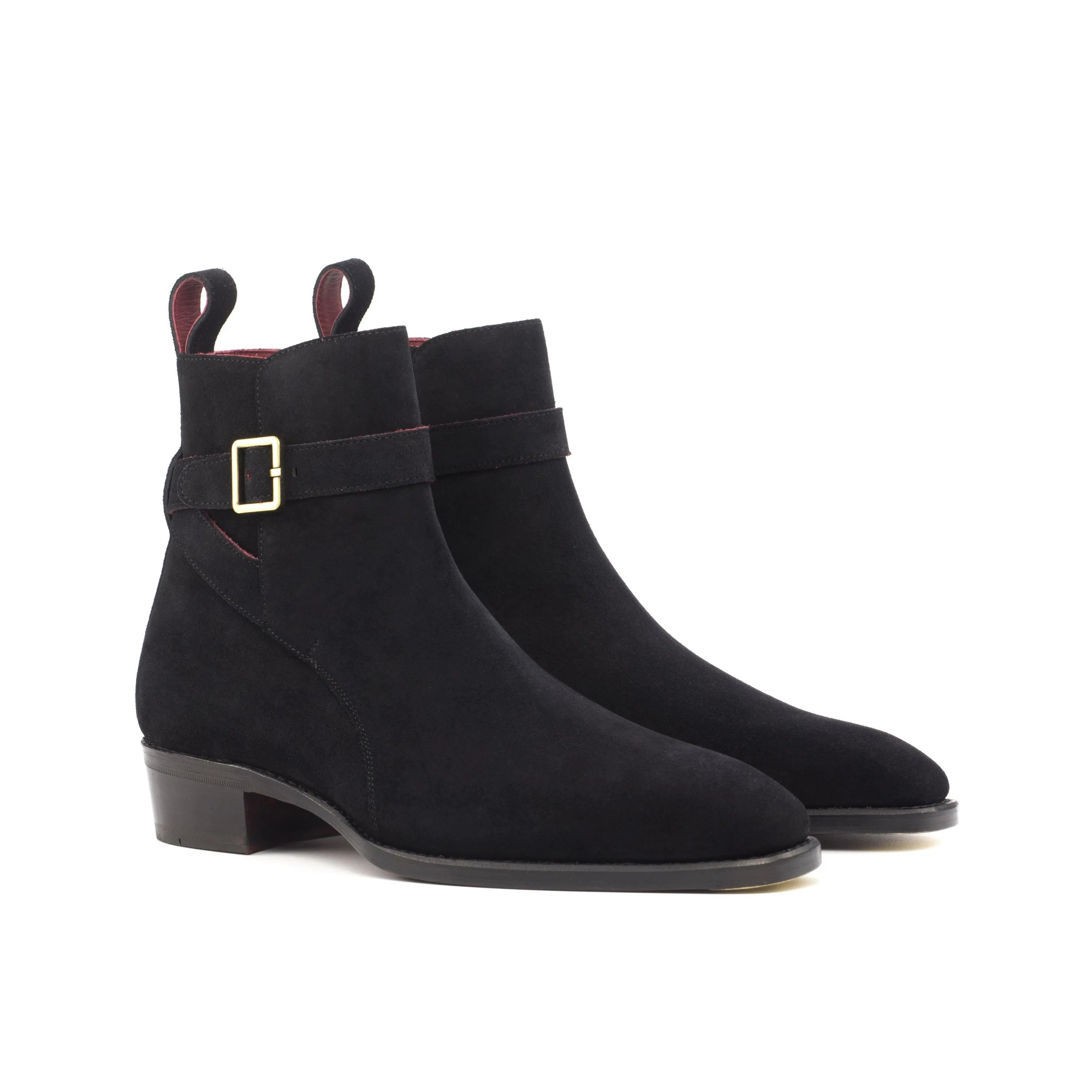 Black suede Randy Jodhpur Boots with buckle detail, perfect for stylish footwear choices