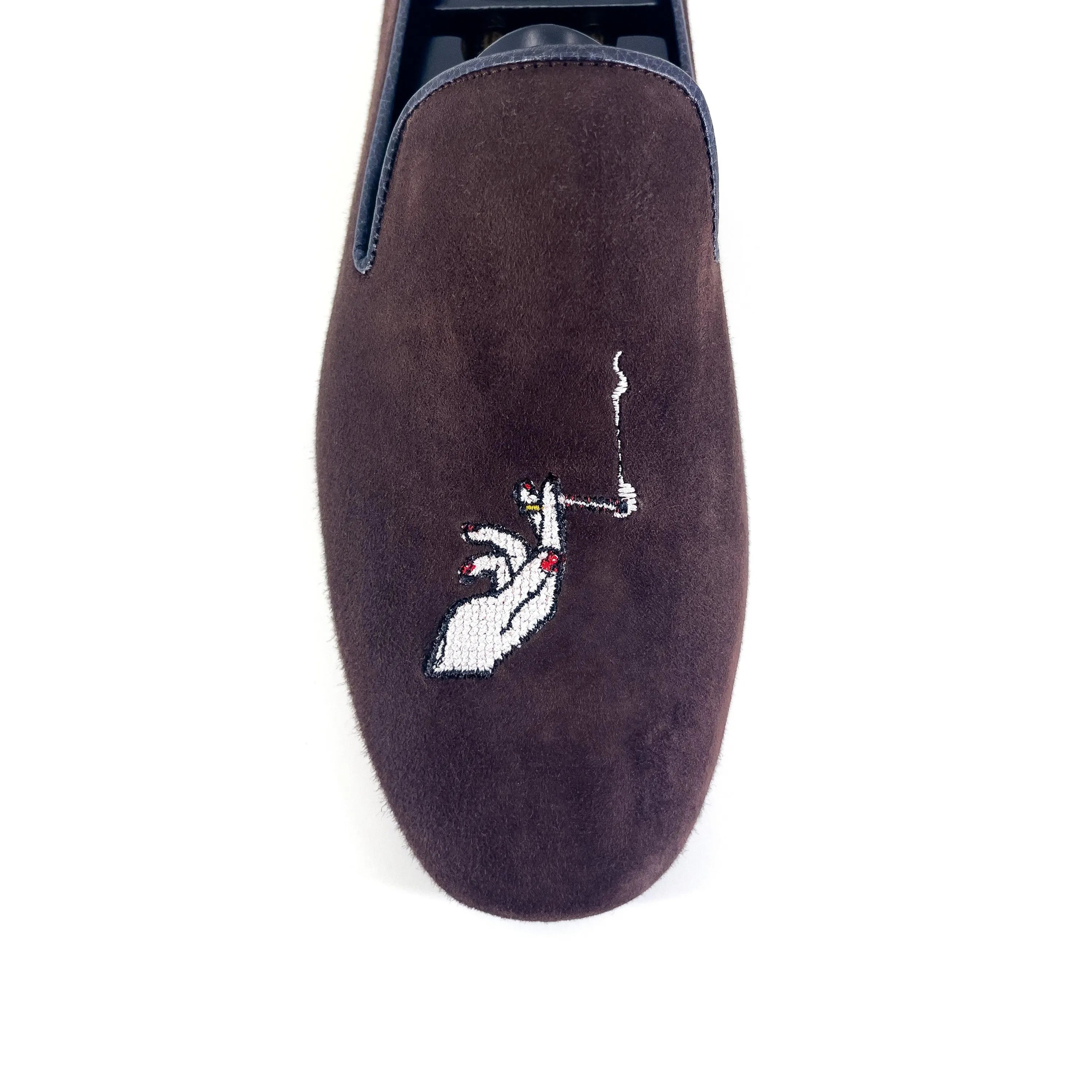 Brown suede loafer with hand embroidery, part of the Redd Wellington Slipon collection