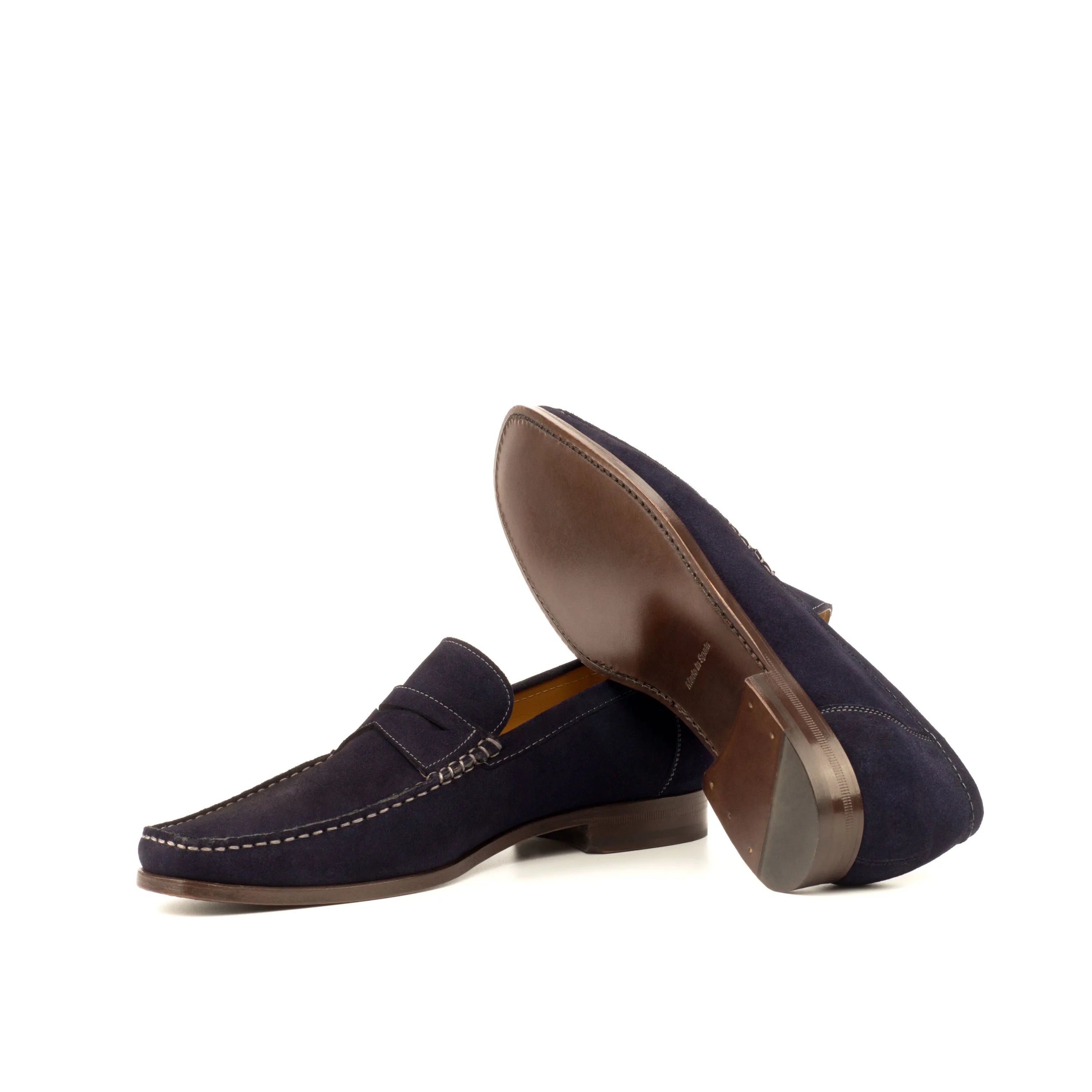 Navy suede penny loafers from the Reverie Moccasin II, luxury bespoke shoes for men