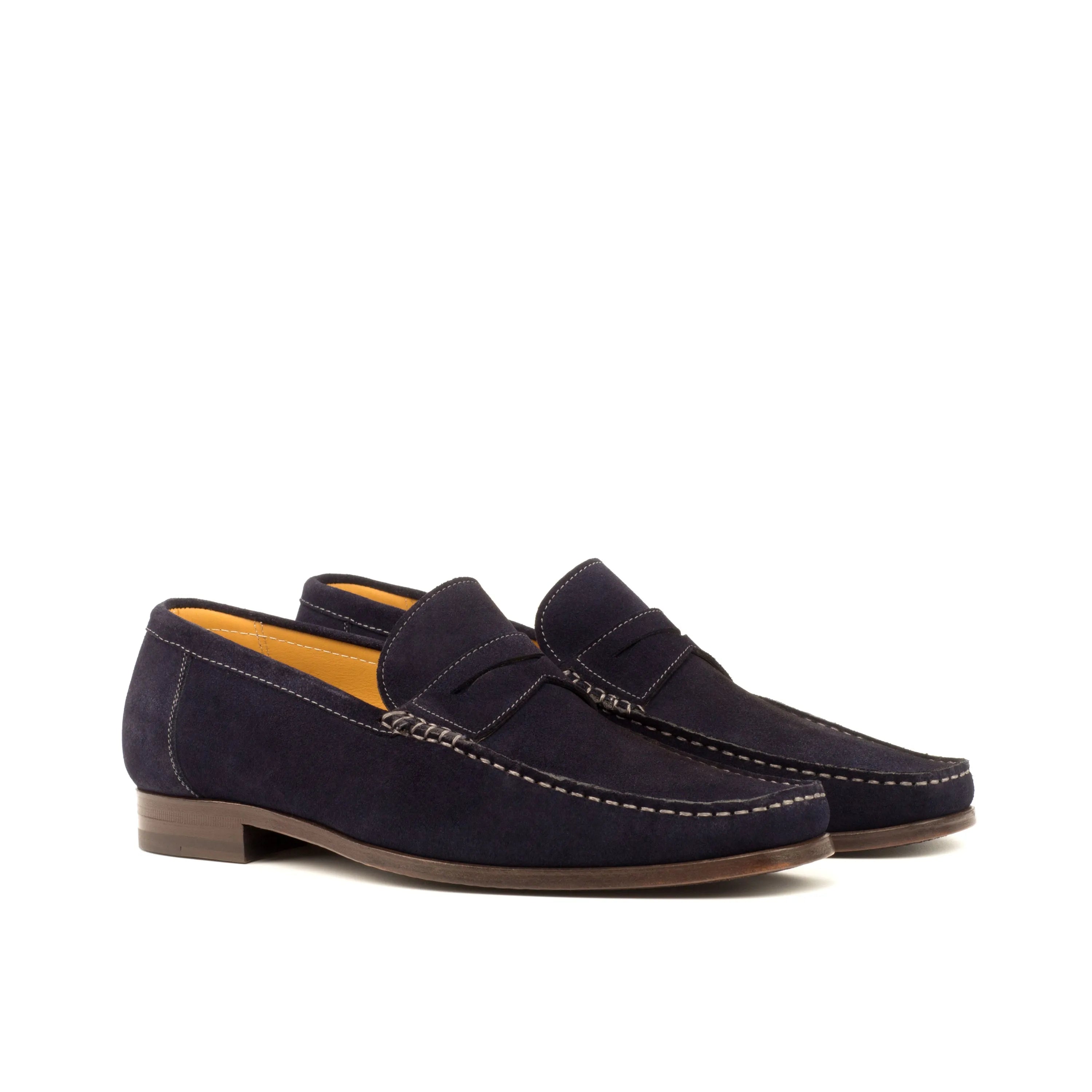 Navy suede penny loafers from the Reverie Moccasin, luxury bespoke shoes for men