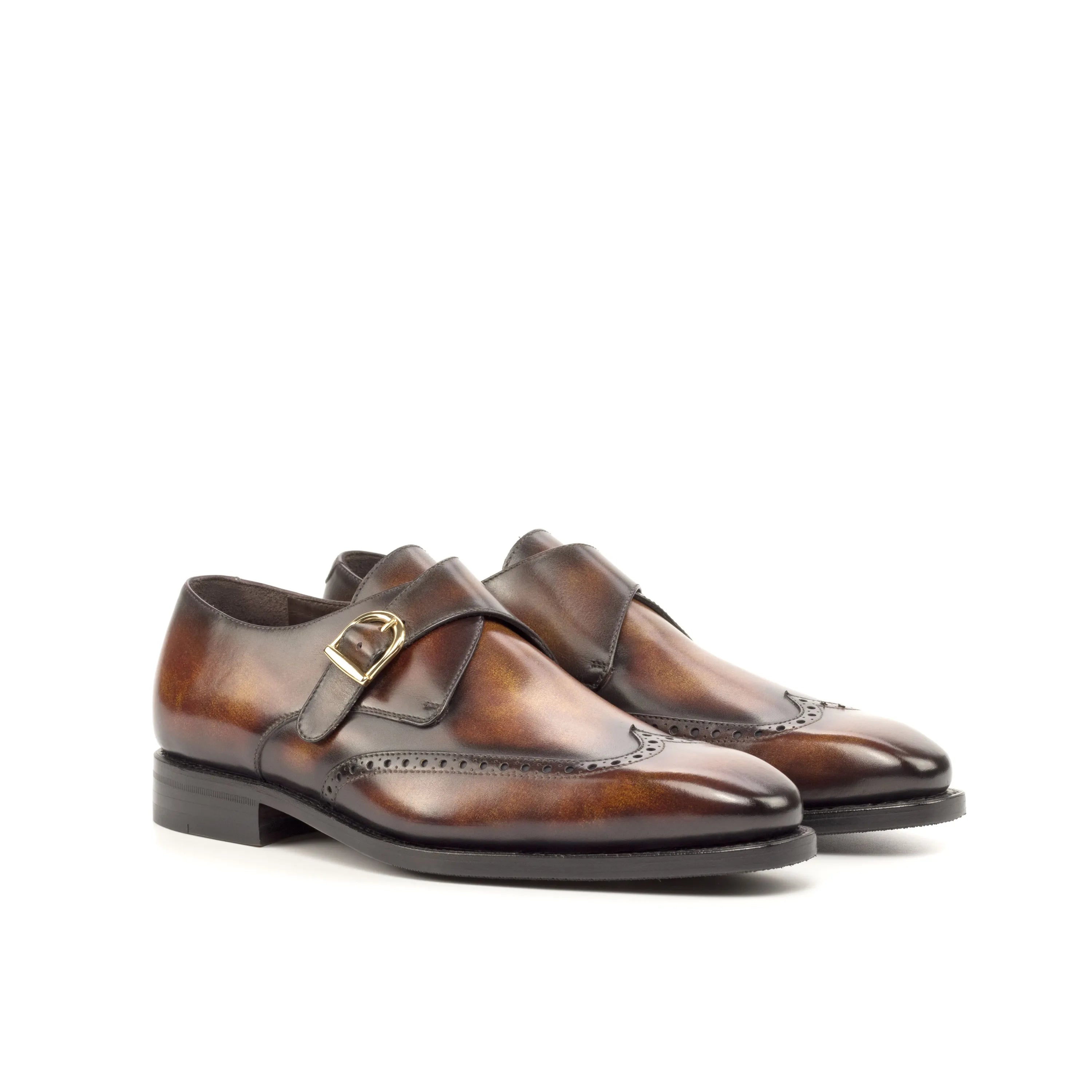 Brown leather Rinos Single Monk Patina Shoes showcasing elegant craftsmanship