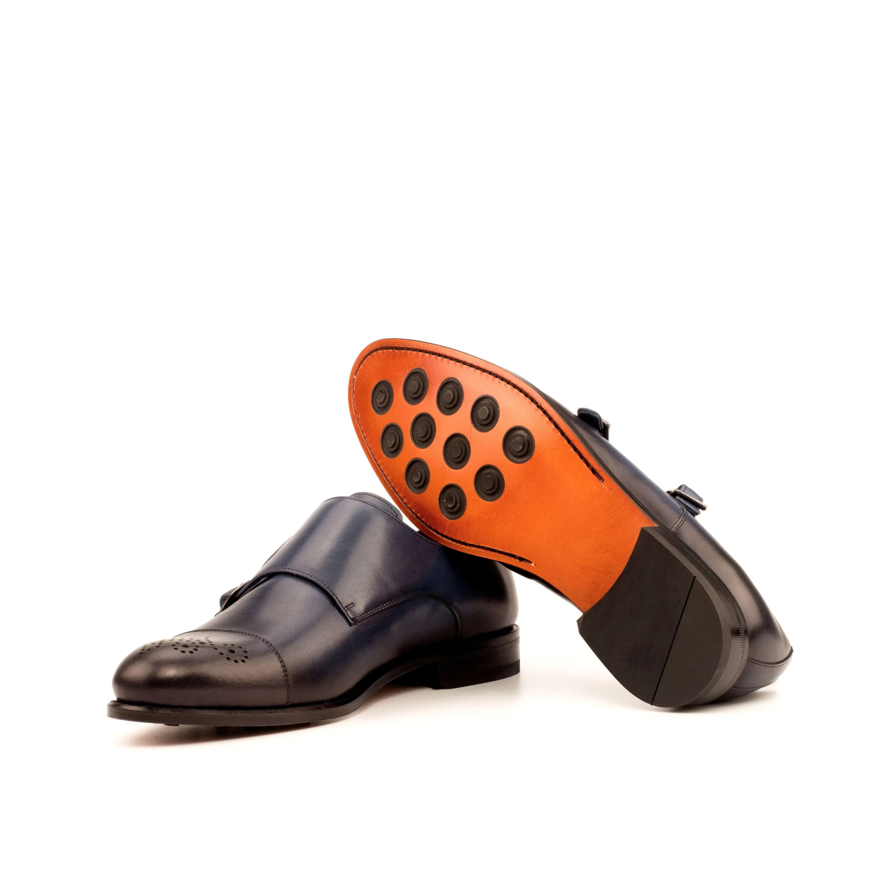 Blue leather Rivo Double Monk Shoes, featuring a classic double monk strap design