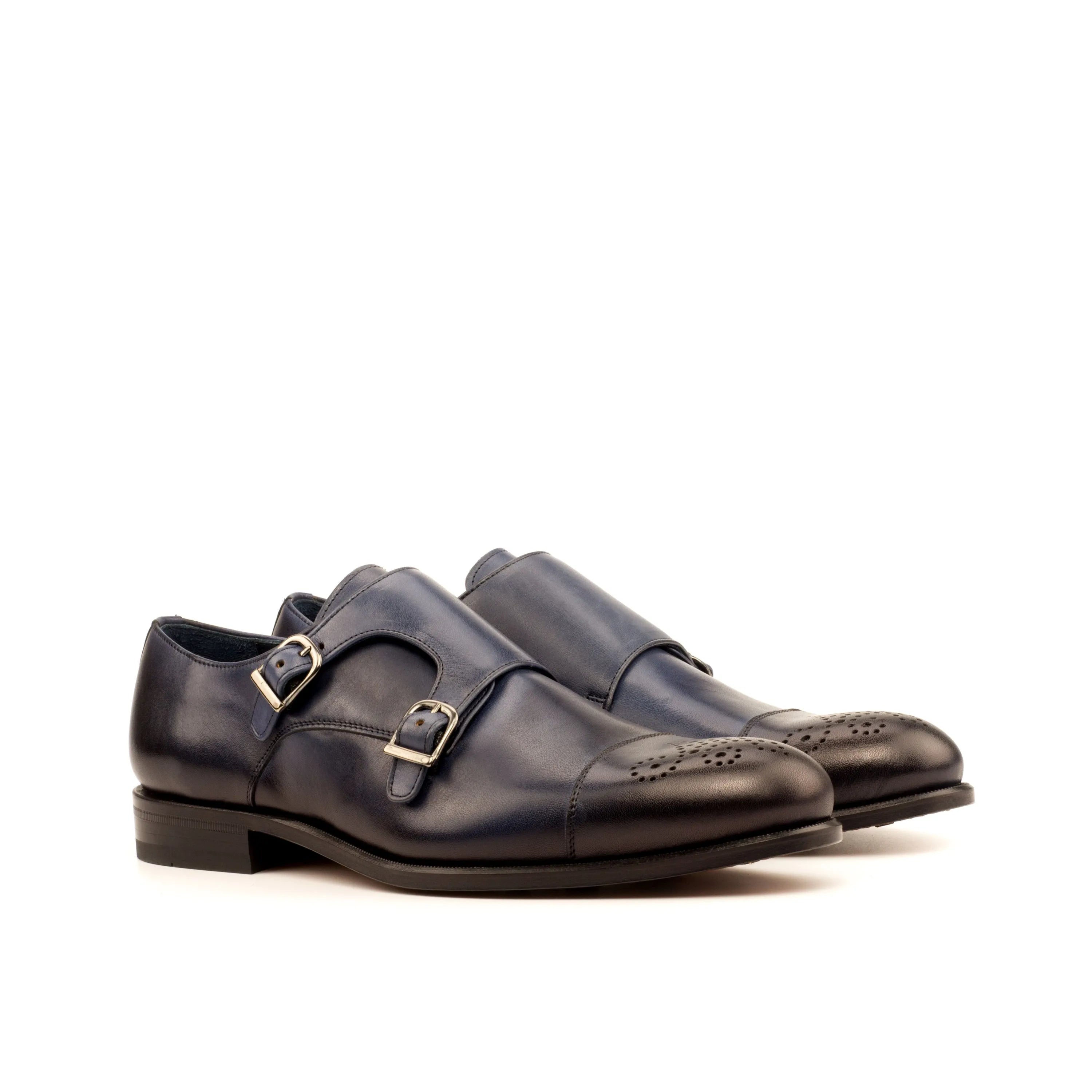 Pair of Rivo Double Monk Shoes in blue leather, showcasing elegant double monk design