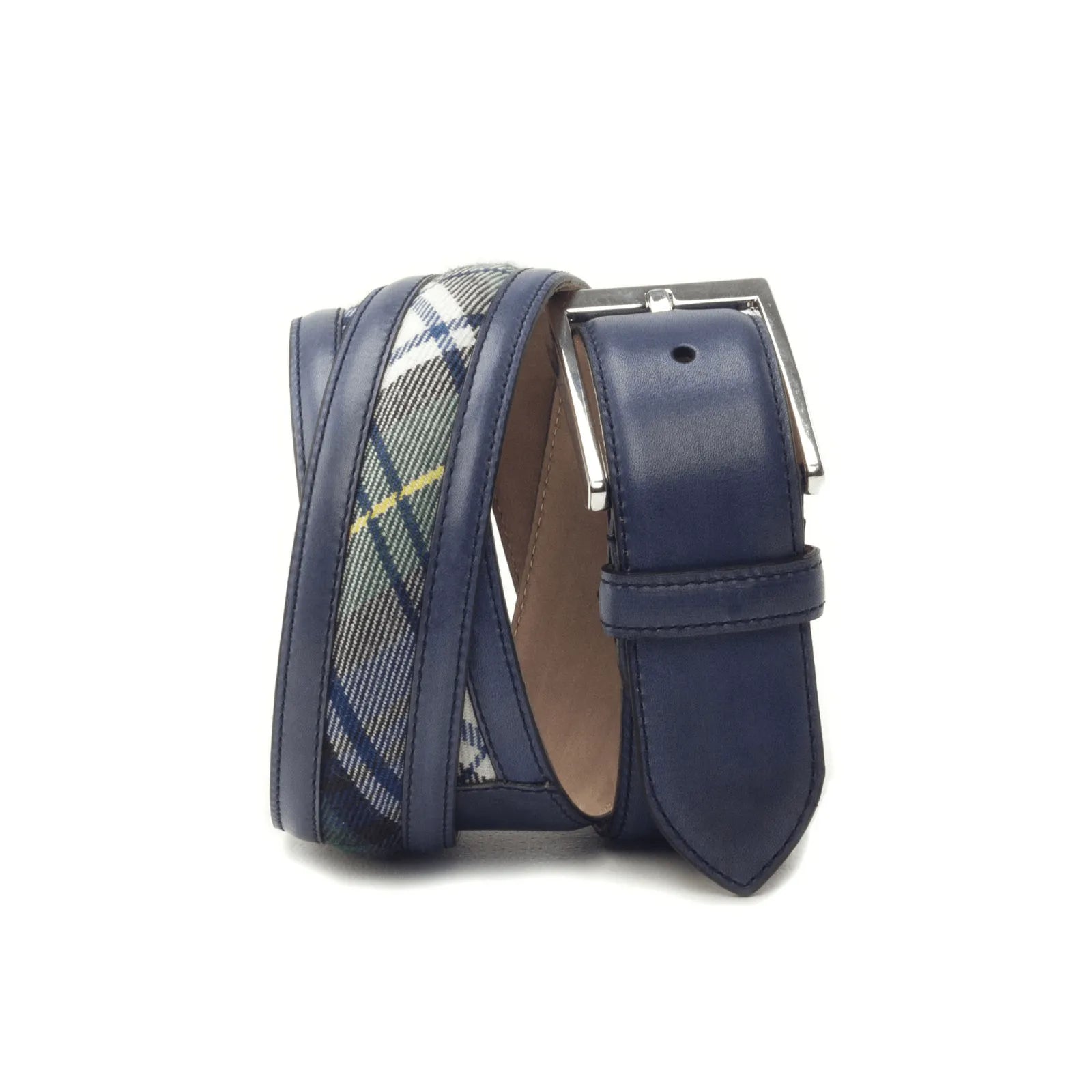 Blue leather and plaid design of the Romeo Venice Belt for a stylish accessory choice