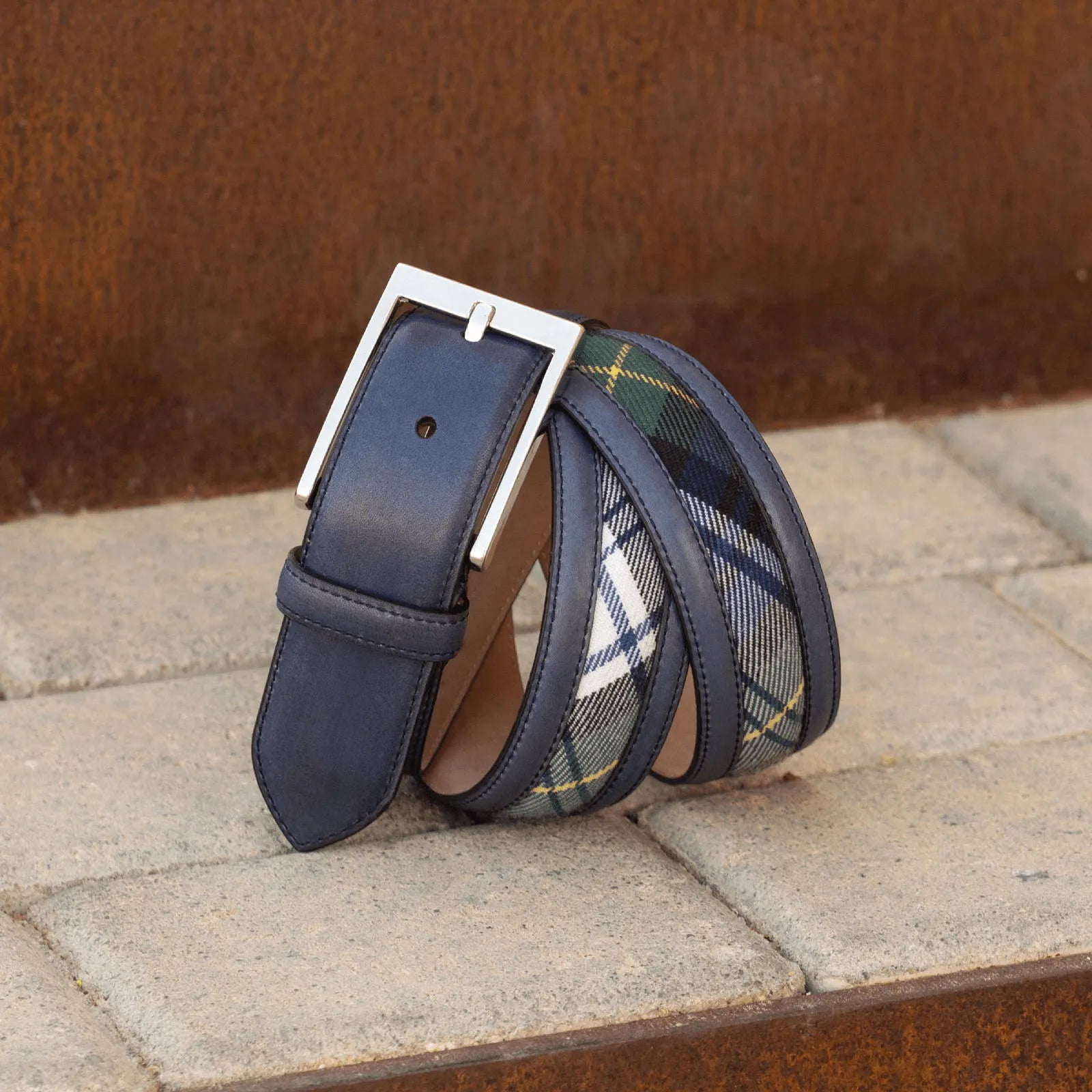Blue leather and plaid design of the Romeo Venice Belt showcased elegantly