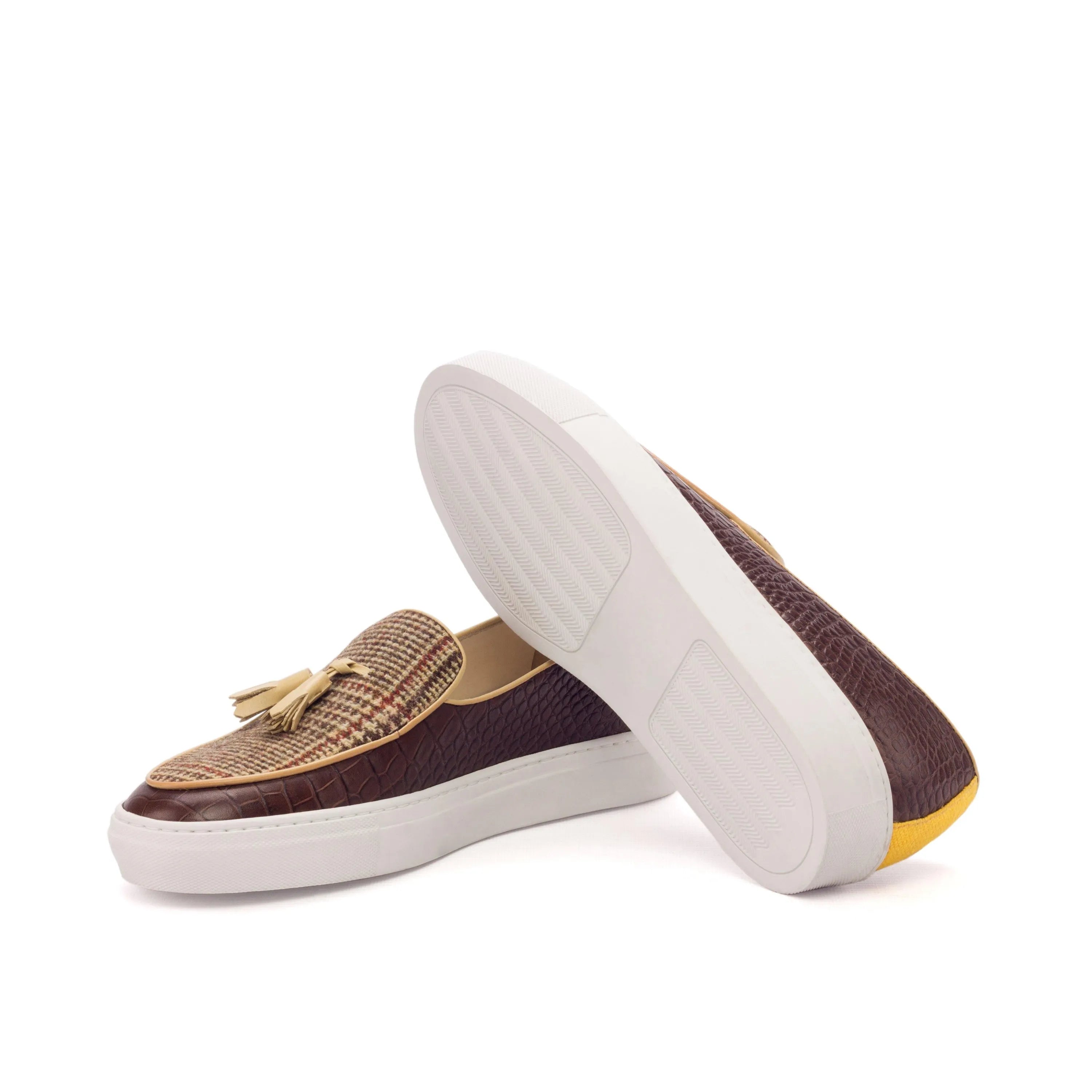 Brown leather and plaid tassel loafers featured in Rory Belgian Sneaker collection