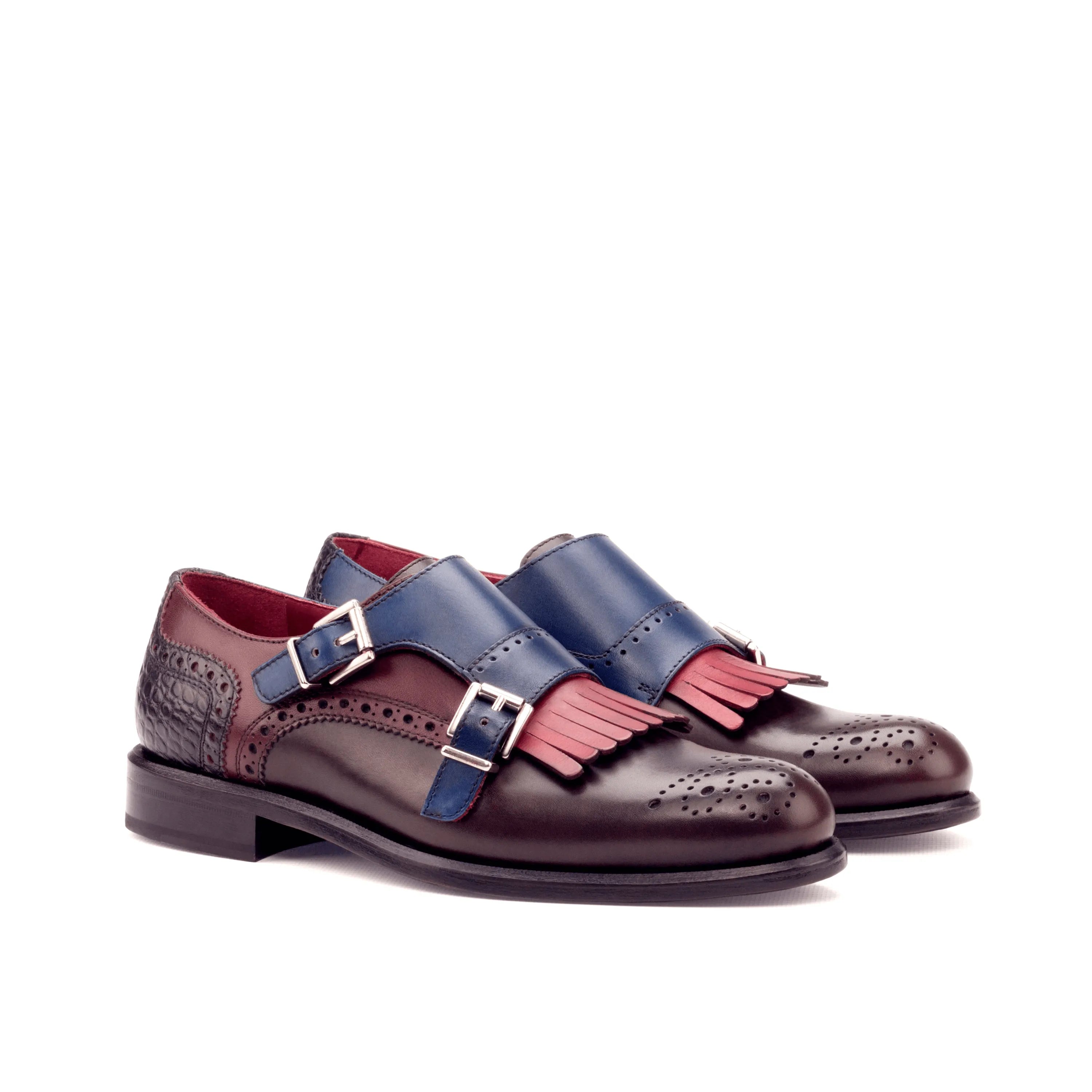 Two-toned leather monk strap shoes, Rosa Kiltie unisex monk, in painted calf finish