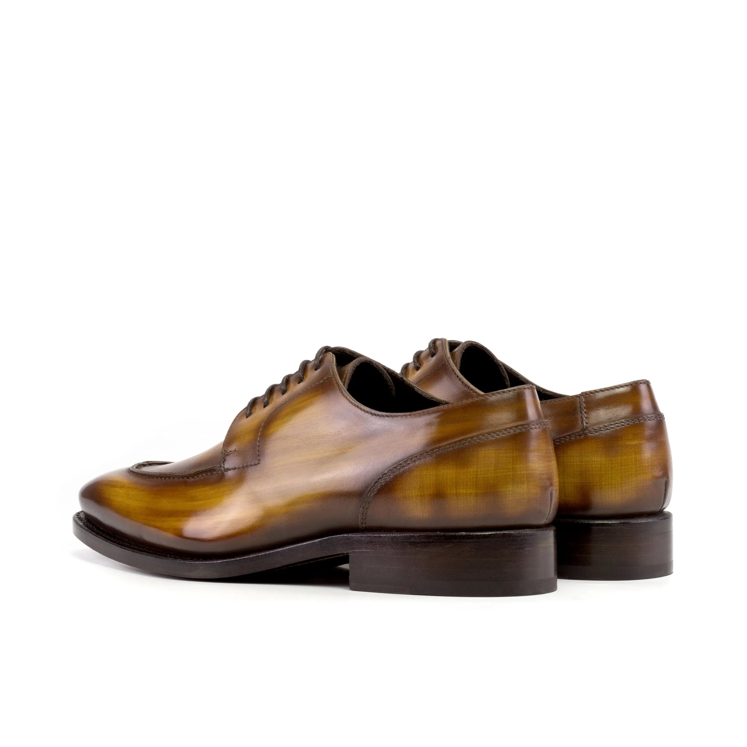 Brown leather Rubis Derby Split Toe Patina Shoes II showcasing elegant toe patina design