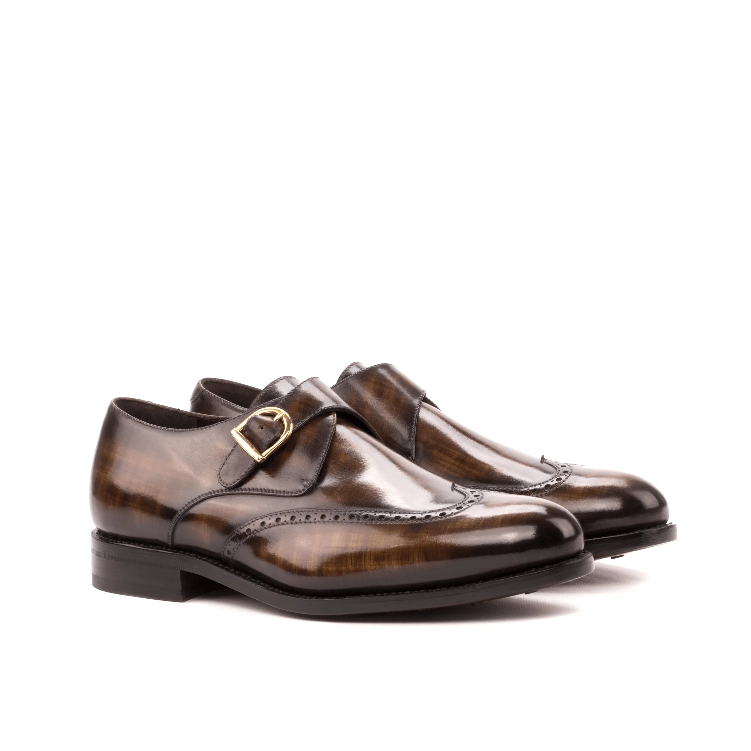 Brown leather monk strap shoes, Rufus Patina Single Monk II with rounded toe design
