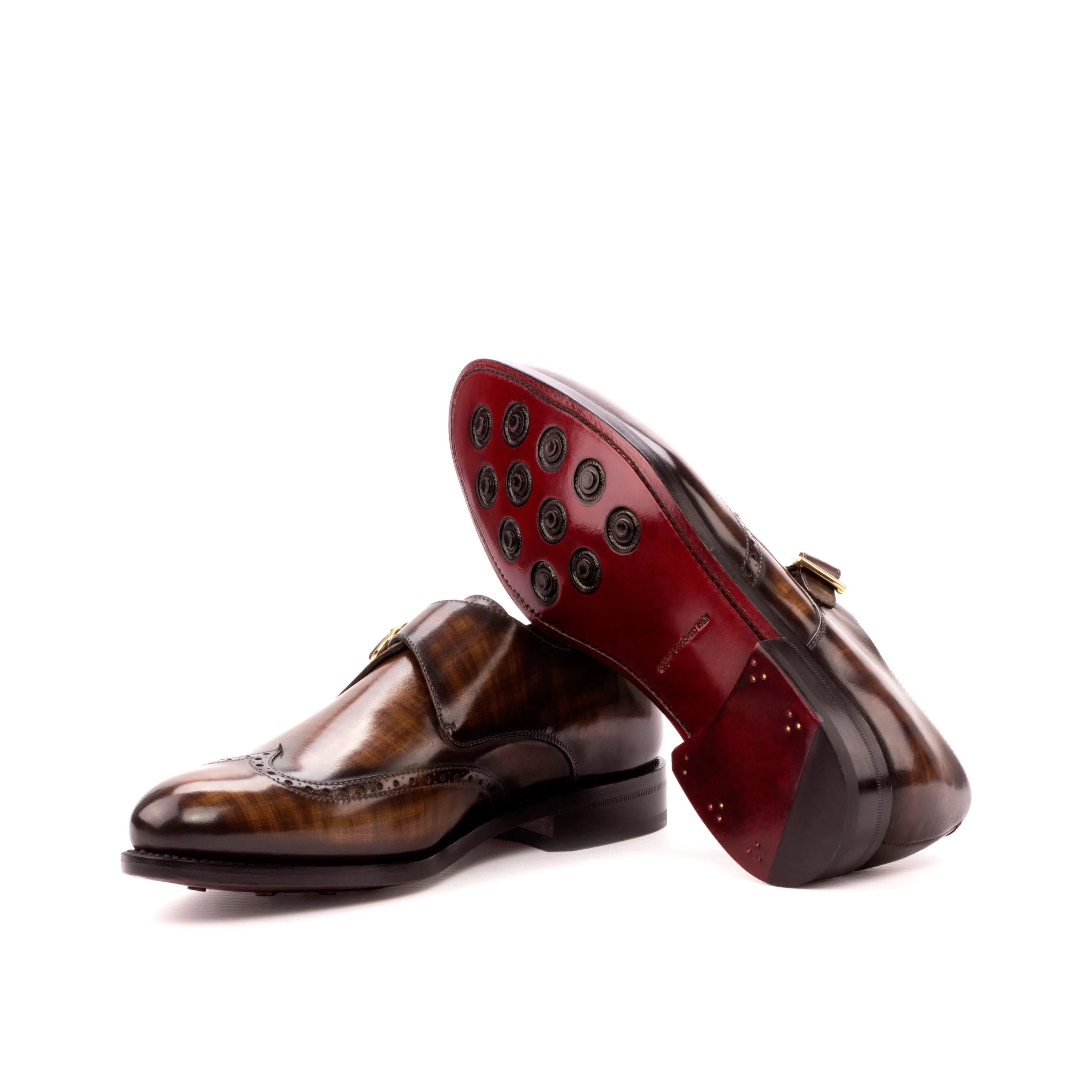 Brown leather monk strap shoes in Rufus Patina Single Monk design