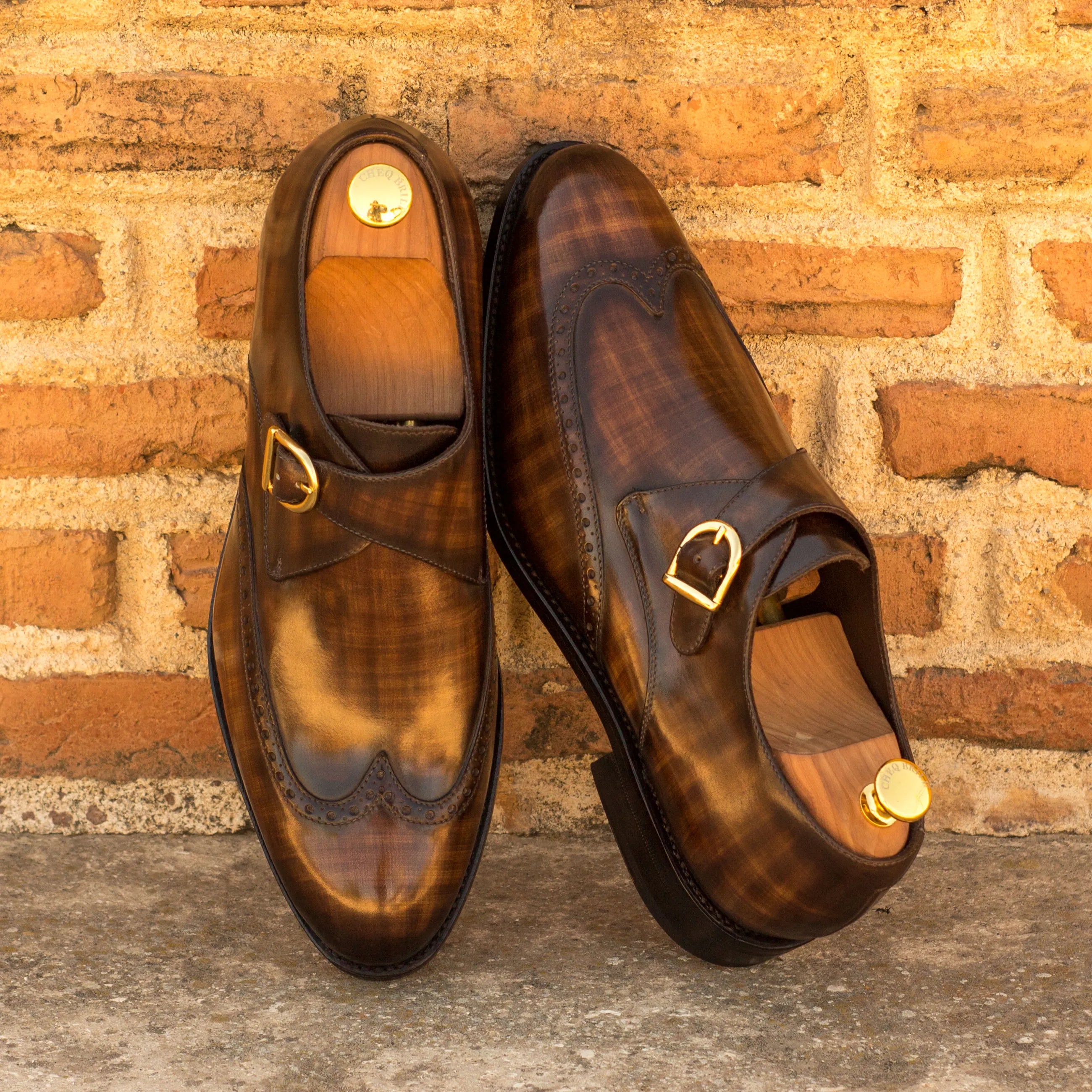 Brown leather Rufus Patina Single Monk strap shoes with a sleek and elegant design