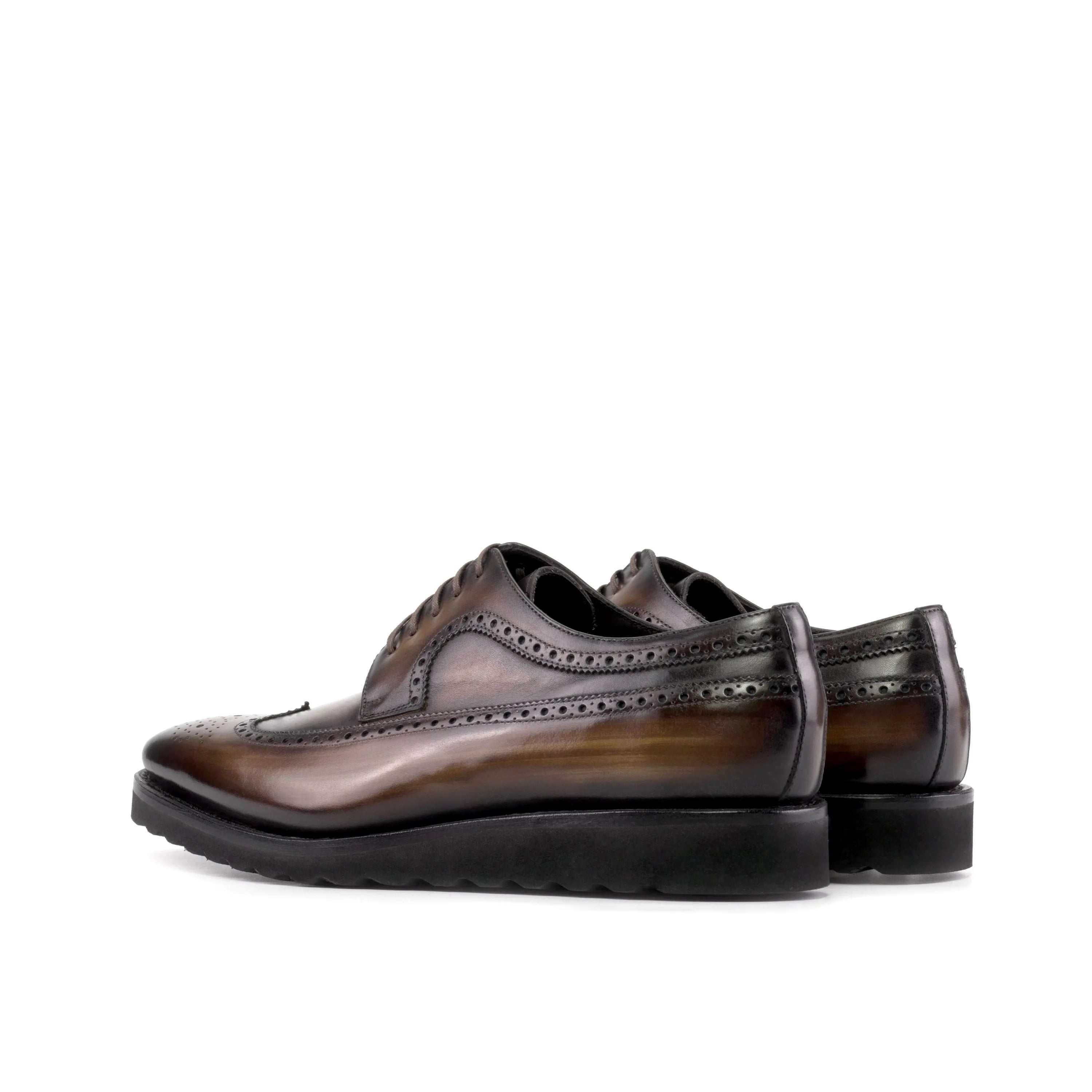 Brown leather Saif Patina Longwing Blucher shoes II featuring a classic wingtip design