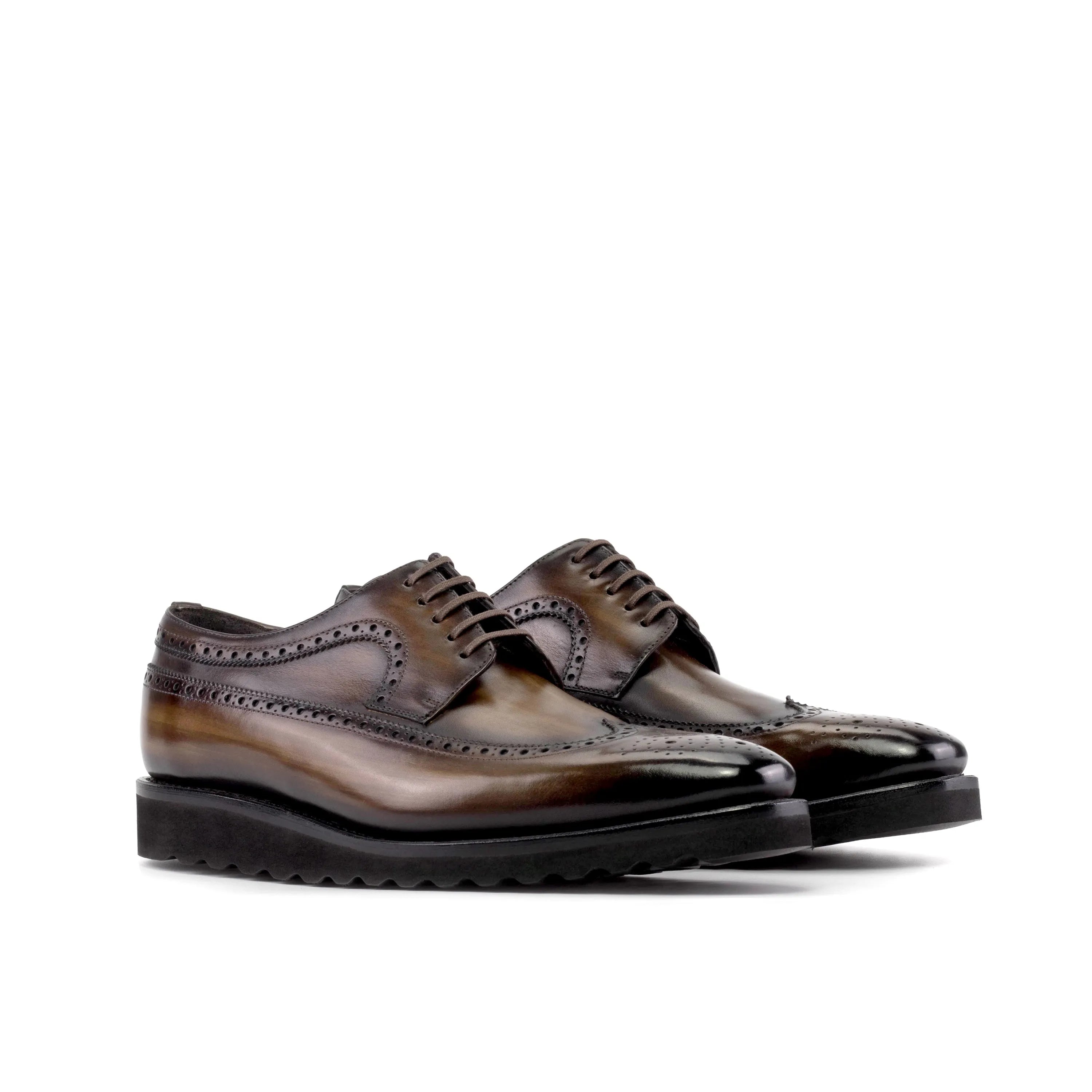 Brown leather Saif Patina Longwing Blucher shoes with elegant wingtip design